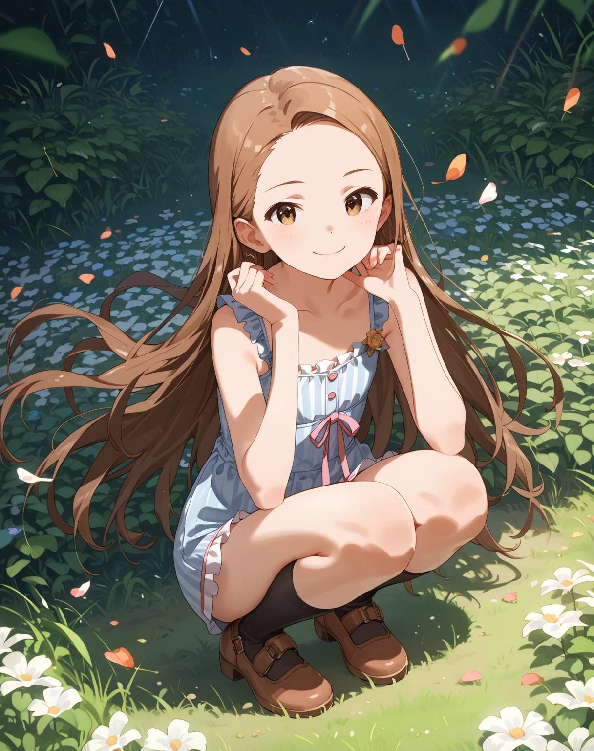 1girl, takagisan, child, brown eyes, brown hair, long hair, forehead, short skirt, camisole, embarrassed, sitting, mountain, river, night <lora:Takagi-san:1>