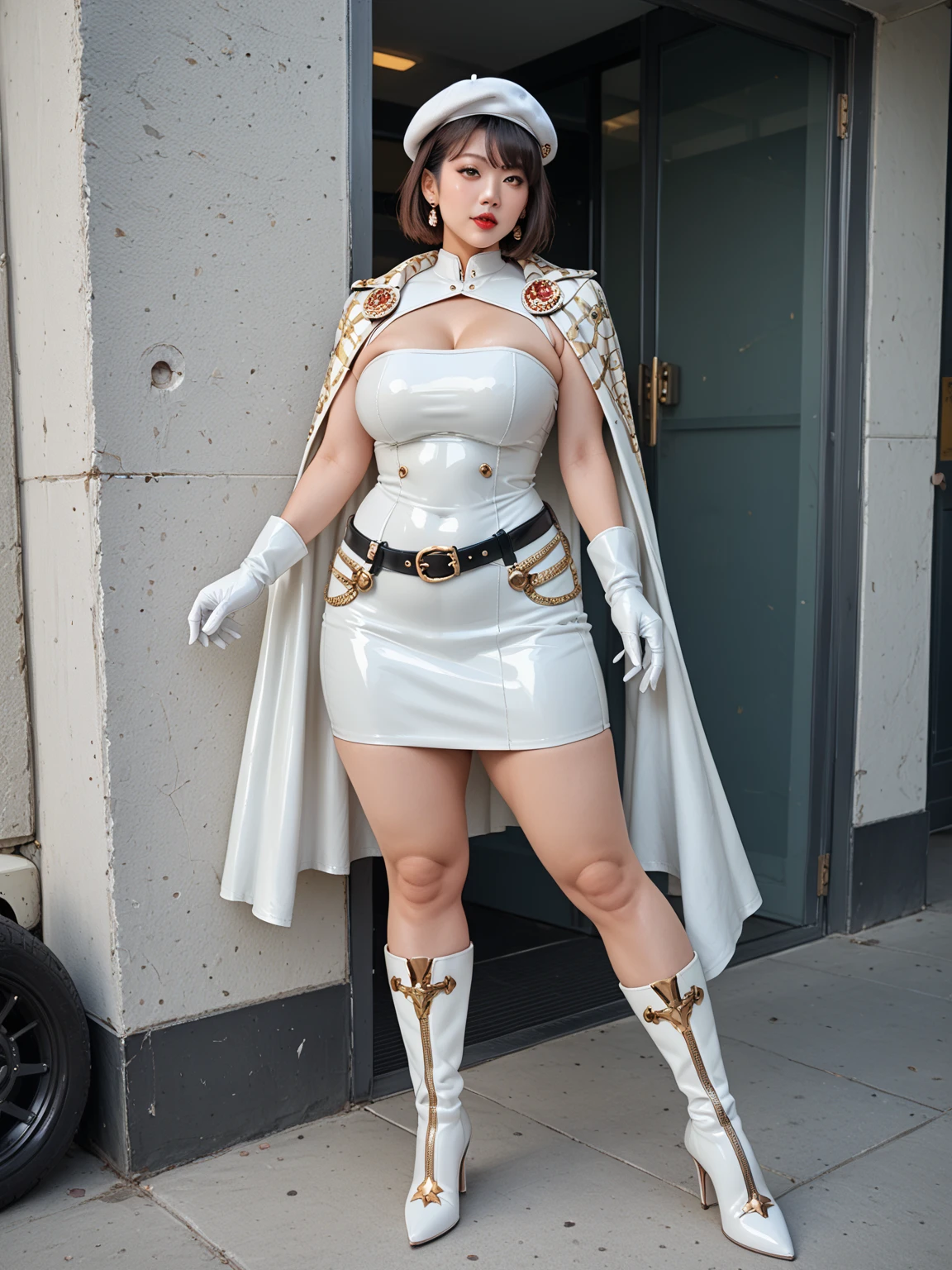 (Forrest:Face:LORA)(Curly Blonde Long Hair) full body, barefoot, solo, female, big breast, linen tunic, fantasy village, armor, Handcuffs on their hands with a collar around the neck, hands on hips, slave ((black choker, shackles on legs and arms))