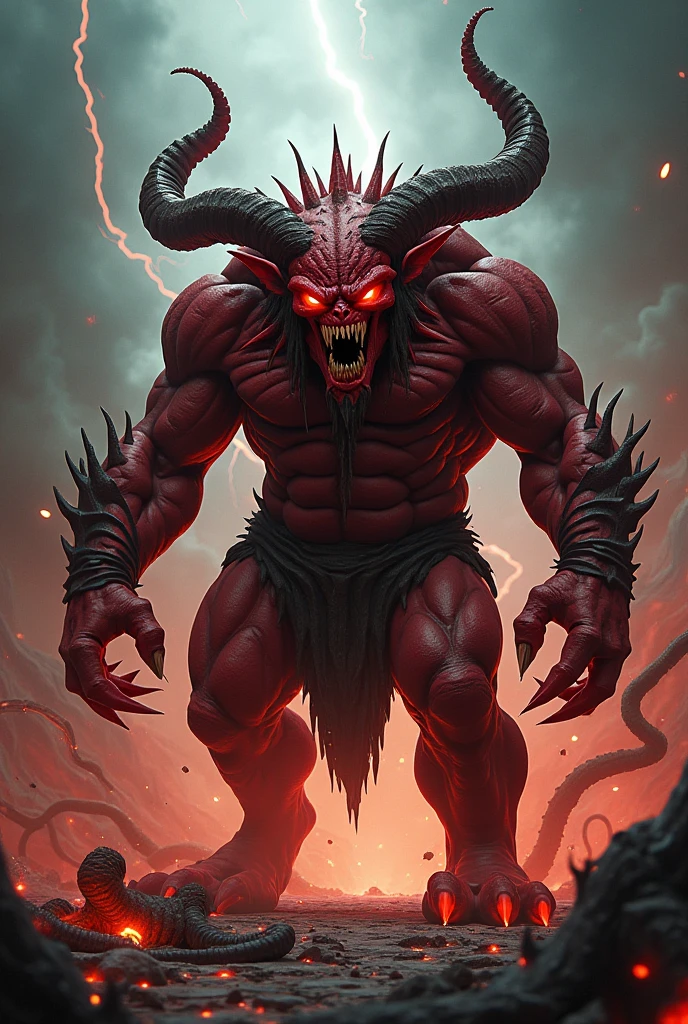 A large red-skinned oni demon with spikes on his arms and large curled horns, male, red skin, bulging muscles, ripped kimono, long katana, glowing yellow eyes, white hair