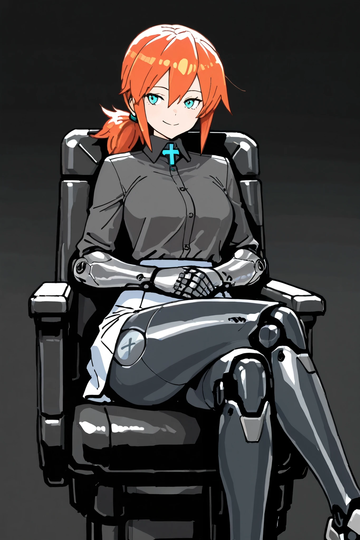 masterpiece, best quality, highest resolution, 1android girl, orange hair,ponytail, iron arms, black, dress shirt, skirt,mature, smile, sitting on chair, cross legs