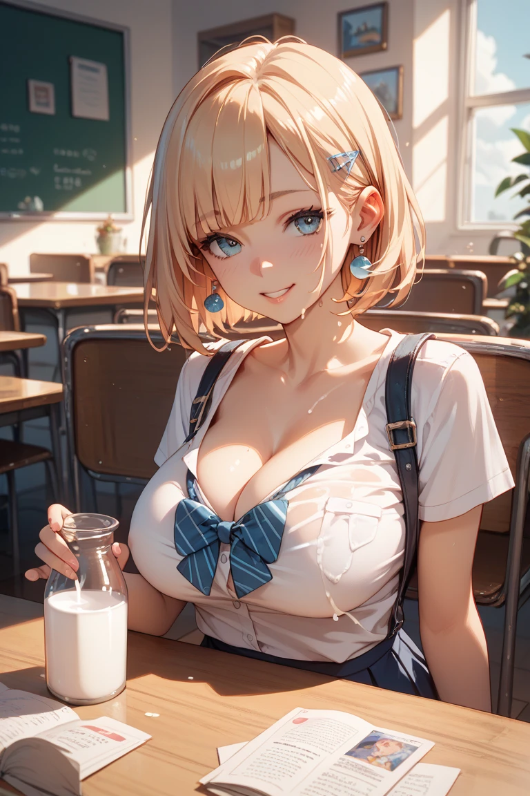 (((完美shape,shape,alone, (((Schoolgirl uniform、Checkered Skirt、Grey jacket、See-through white blouse、Light pink bra、Black thigh socks、Silver frame round glasses、Earrings))),(((AND18, Android 18, Blonde, blue eyes, short hair, ))),((masterpiece)),High resolution, ((Best quality at best)),masterpiece,quality,Best quality,((( shame、Exquisite facial features,There is light in the eyes、(((anger,Severe))),))),型shape:1.7))),(((Light and shadow,Huge breasts))),(((Looking away)))、((Best Shot、Sweating profusely))、((Reading on the terrace of a cafe:1.2))、((Light pink string panties、NSFW:1.6))
