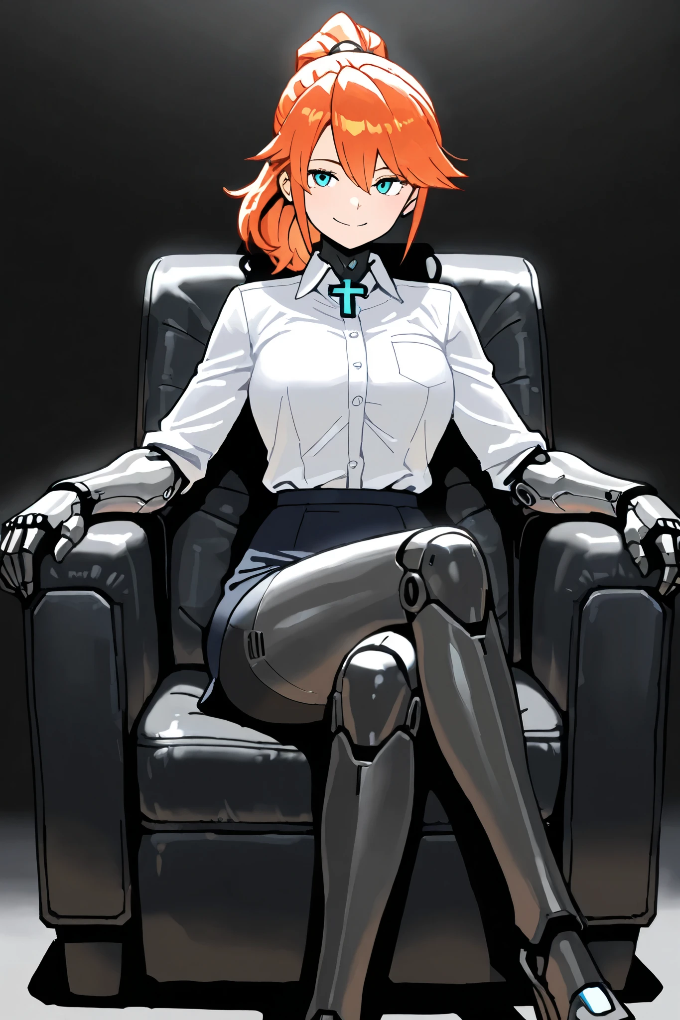 masterpiece, best quality, highest resolution, 1android girl, orange hair,ponytail, iron arms, black, dress shirt, skirt,mature, smile, sitting on chair, cross legs
