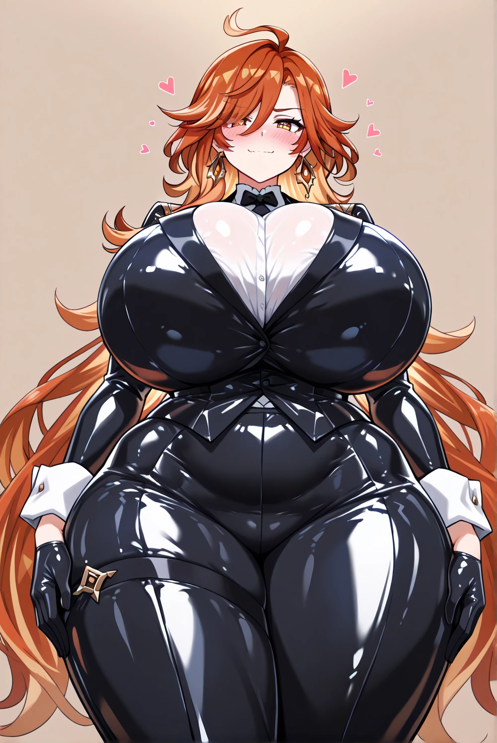 Highschool dxd, High resolution, Irina Shidou, beautiful detailed face, 1 girl, ((bimbo))), long orange hair, beautiful purple eyes, puffy lips, thick lips, erotic smile face, sexy face, blushing, wide hips, thick thighs, thick, enormous natural breasts, huge round ass, oily shiny skin, black suit, revealing Suit, emo, revealing cleavage, close up breasts, choker,