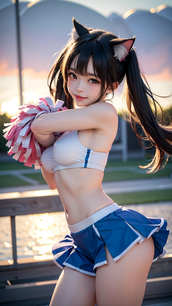 Very cute and beautiful cheerleader girl,(Very detailed美しい顔),(With pom-poms:1.12),(smile), (Stadium Stand),Cowboy Shot,Dynamic pose,Lift one leg high above your head、Ultra-thin string scanty panties,(Orange sleeveless shirt),Beautiful legs,Looking at the audience,Black Hair,Huge breasts、 (Highest quality,masterpiece:1.2),Confused,High resolution,Very detailedな,Very detailed,32k,8K resolution, Intricate details,Movie Scenes,Detailed Background,alone,Dynamic Angle, Hair blowing in the wind,Beautifully detailed skies,