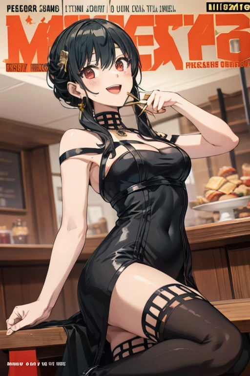 (small breasts:1.3), (perky chest:1.1), (pointed chest:1.0), (hand gun magazine cover:1.3),(from above:1.0),(from side:0.9),masterpiece, 1girl, Amazing Cleavage:1.1, thin waist, big ass, Raised sexy, small breast: 1.3, posed cleavage:1.2、solo, open mouth, have a cute grass of cute beergrass,black hair, dark green eyes, dress, bare shoulders, jewelry, collarbone, sidelocks, hairband, earrings, indoors, off shoulder, sweater, arms behind back, plant, short hair with long locks, gild hairband, sweater dress:1.2, off-shoulder sweater, red sweater, dark gord hair, big side hair, very long side hair,is rendered in (masterpiece: 1.2, best quality), with (ultra high resolution) and an exquisite (depth of field). This masterpiece is not only visually stunning but also tells,A scene of cooking in the kitchen by classroom ,looking at viewer,