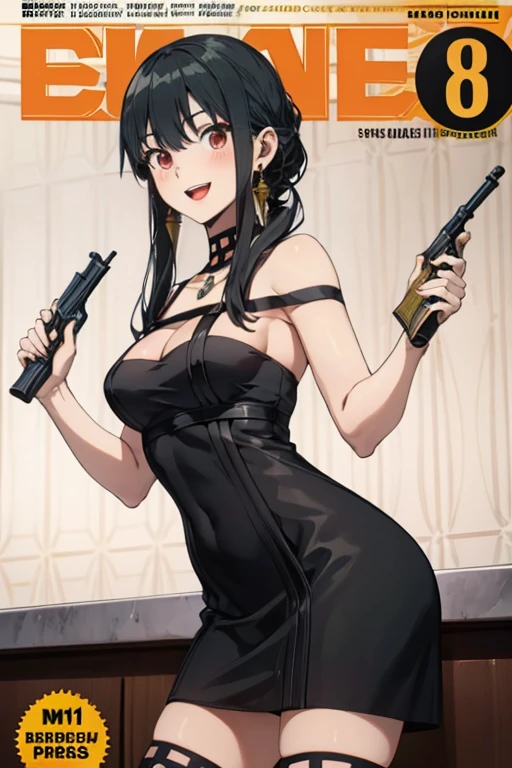 2girl, two girl, long hair, blush, lipstick, evil smile, blush, lipstick, evil smile, jewelry, earrings, complex detailed background, casino environment, fancy interior environment, rich interior,((black bodycon))、microdress, bodycon, eyeslashes, cleavage, navel, corruption, (o-ring), choker, jewelry, earrings, necklace, holding a gun, holding, handgun