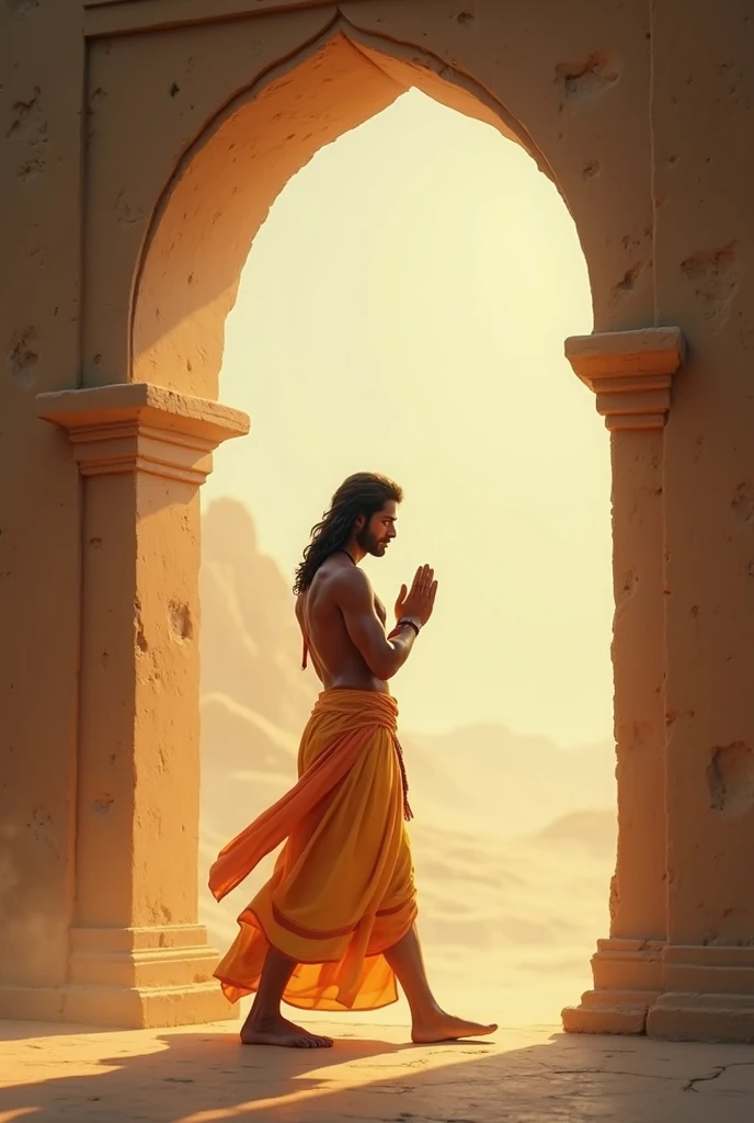 a glowing scroll held by a tall indian man inside a rock cave, wearing a cotton shirt and cotton dhoti pleated at the centre, the handsome young man back is faced to the camera, no face is visible, fantasy art