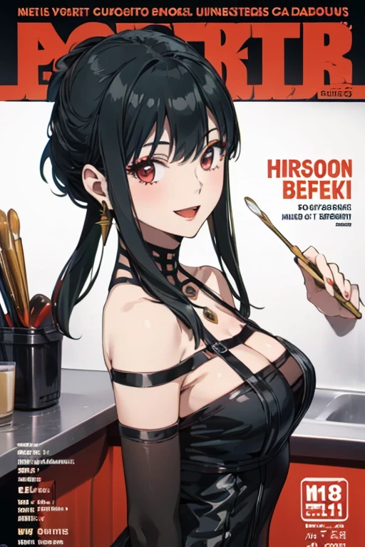 (Best Quality, Masterpiece),sexy mommy, Front cover of a women's cooking magazine, , naked, erotic, 18+, nsfw, 1girl, 30 years old, stunning, cute, heartwarming smile, hourglass figure, wearing floral dress, pinny apron, beautiful food, text, diagrams, advertisements, magazine title, long black