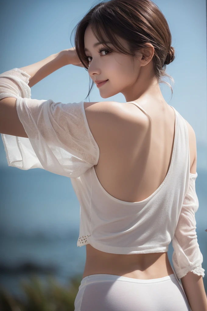 femele,(((Japan12 years old))),Brown hair,(((maikurobikini))),(((denim short pants)))(((White T-shirt))),(((TThe shirt is sheer))).Wet with water,sand beach,Natural smile,((())),Beautiful udder,Shorthair,(((Facing backwards,Look back)))