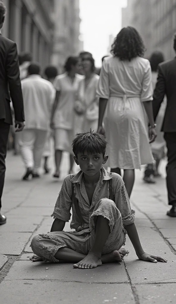 An old black and white photograph taken around 1945 in Indonesia. The setting is a busy street, lined with colonial-era buildings and towering palm trees. In the foreground, an Indonesian young boy stands patiently, his back resting against the brick wall of a shop. He wears a simple cotton shirt and shorts, typical attire for a boy of his age during that time. His feet are bare, and his hair is neatly combed. His big, innocent eyes gaze down the street, scanning the passing pedestrians and vehicles. A slight breeze blows through his hair, causing his shoulders to rise and fall rhythmically. The boy appears to be waiting for someone, anxiously anticipating the arrival of his father, who has been away at war. He clutches a small handkerchief in his hand, the fabric worn thin from use and stored safely in his pocket. The boy's face holds a mix of hope and worry, reflecting the turmoil of the times and the uncertainty of his father's return. In the background, people bustle about their daily lives, oblivious to the weight of history and the personal drama unfolding before them.