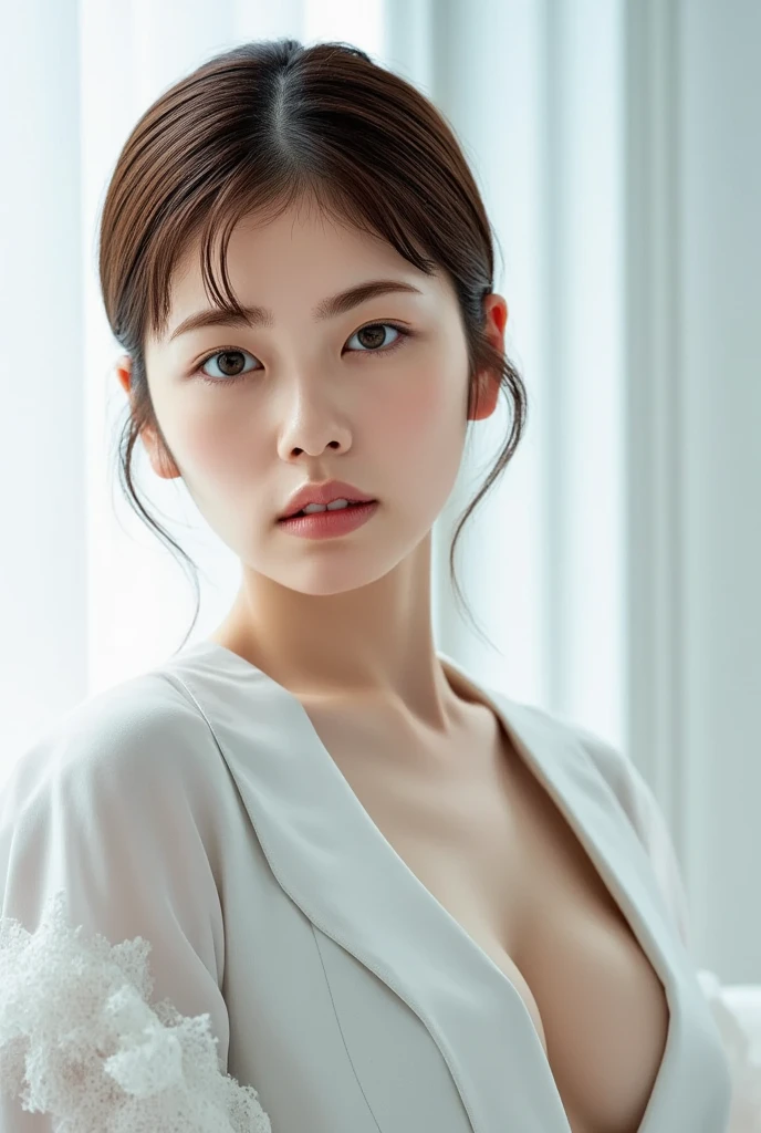 highly detailed CG unity 8k wallpaper, 最高品質, Super Detailed, masterpiece, Realistic, photorealistic portrait, Very detailed, Cute Girl., 20 age, (secretary), Blush, parted lips, Round eyes, mediuml breasts, audience, half shot., Suit, Sauna room, Thin coat, cleavage