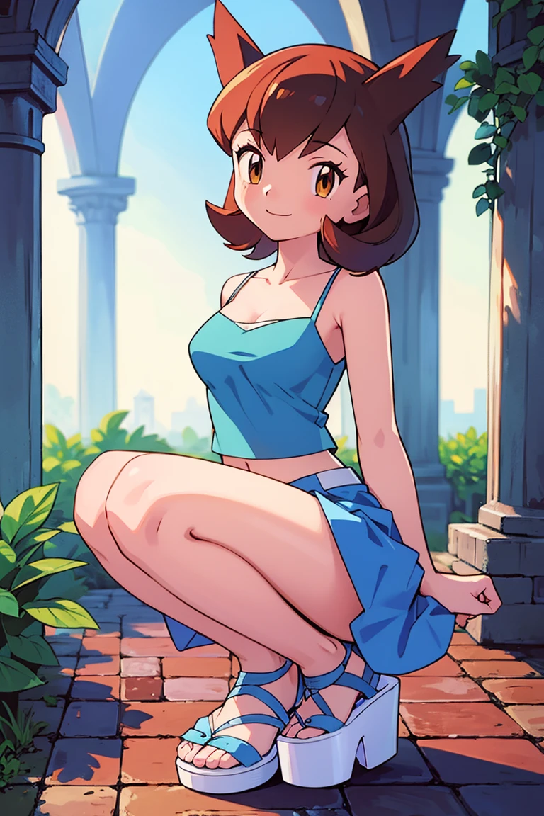 masterpiece, best quality, palina, bandana, white t-shirt, jean shorts, smile, large breasts, standing, garden, squatting, plants, looking at viewer <lora:palina-nvwls-v1-000010:0.9>