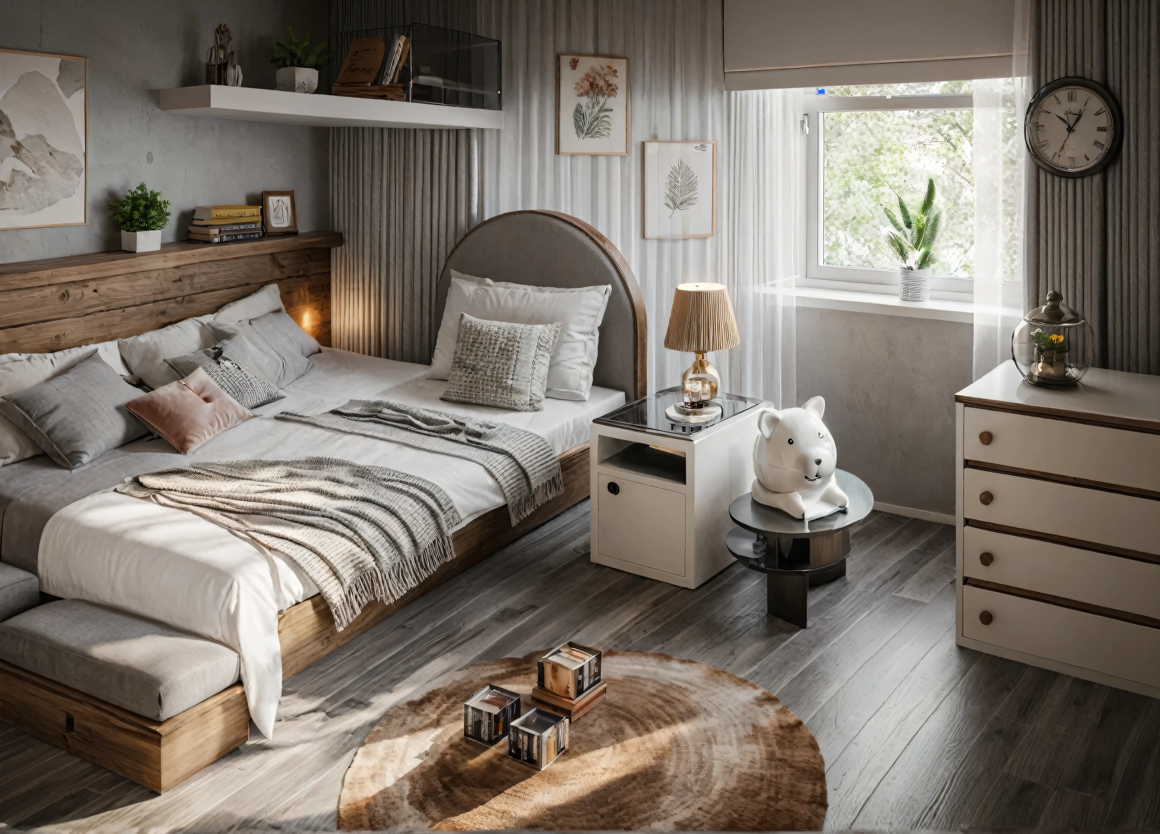 Raw photo,Masterpiece, high quality, best quality, authentic, super detail,
interior, indoors, livingroom style modern, ((bedroom girl )), sofa, tea table, glass windown, curtain, gray wooden floor, tree, decor, book on table, sunlight,
, (daylight:1.1), vivid colour, (realistic:1.2),