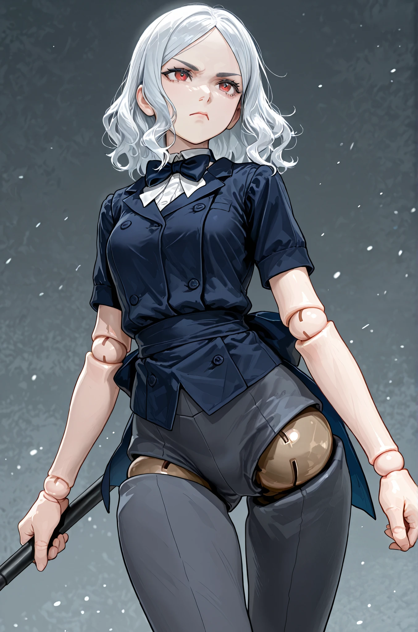 girl doll, Blue waiter clothes with bow tie, Dark grey pants, short white hair serious, 1girl, (one) , doll joints, hips,(kind face).