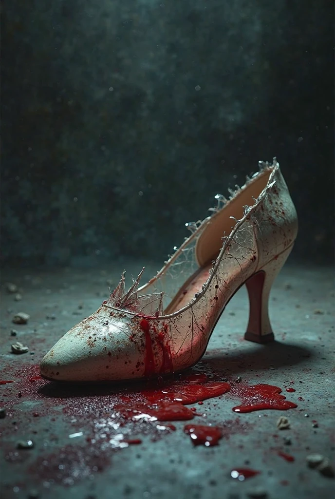A Cinderella glass slipper tangled with thorns and blood in the middle of a dark and gloomy forest