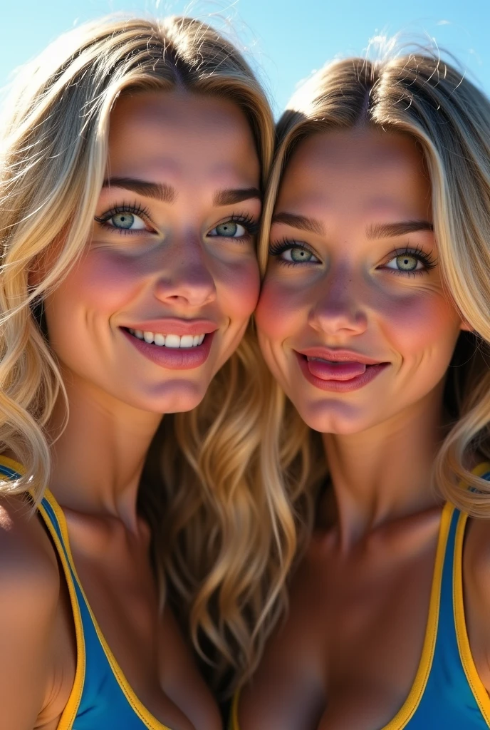 2girls, ((​masterpiece、top-quality、ultra-definition、hight resolution))、4K picture quality、((Beautuful Women))、22year old、wetted skin、radiant eyes、perfect  eyes、((Beautiful Nordic sisters))、Golden Theme,(maikurobikini:1.4),the beach,Background crowd、((red swim wear))、((Long Wave Hair))、((facial close-up))、