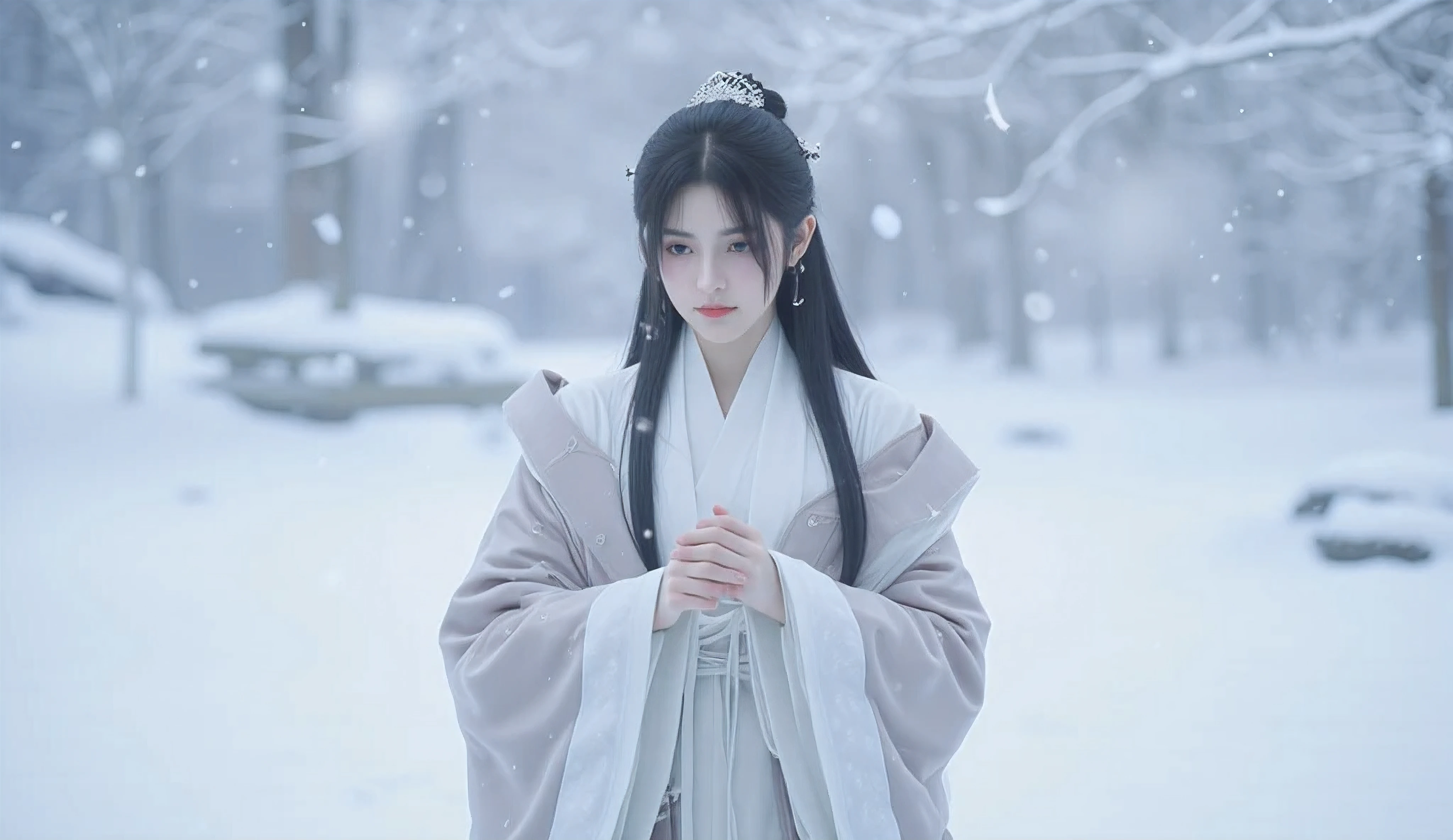 Japanese woman wearing a coat in the snow