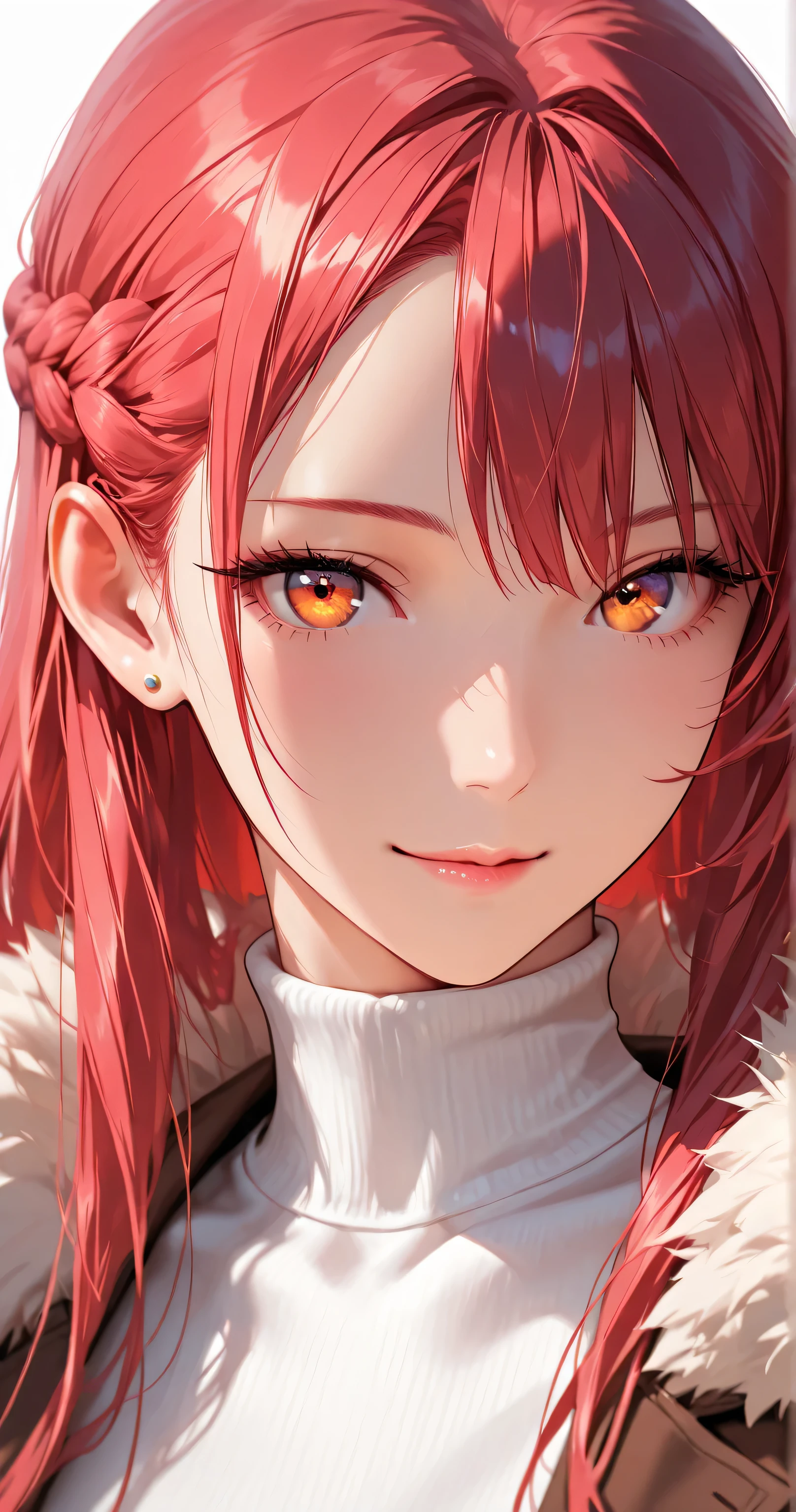 insanely detailed,
She is cute,
sharp focus (1.3), clear lines, crisp edges, crisp outlines, rich harmonized colors,
sharp focus on eyes and facial details, stunning clarity, sharp focus (1.5),
Well-defined facial features,
red long hair in a French braid, no white strands, styled in a French braid,
delicate strands, silky smooth,
Beautiful almond-shaped eyes with detailed irises, gentle shading, exquisite eyelashes, Eyes with a sharp, confident look,
slender figure, fair flawless skin, soft pink lips,
calm and composed gaze, stunning clarity,
Sweater, brown jacket, turtleneck, fur-trimmed jacket, casual outfit, simple stud earrings,
white background, soft ambient lighting.
1girl, solo, no additional characters,
Masterpiece, best quality, ultra-detailed, 8k resolution,
light smile,
face shot, front view, looking at viewer, profile,
highly detailed face, refined body, flawless skin, no tattoos or symbols on face.