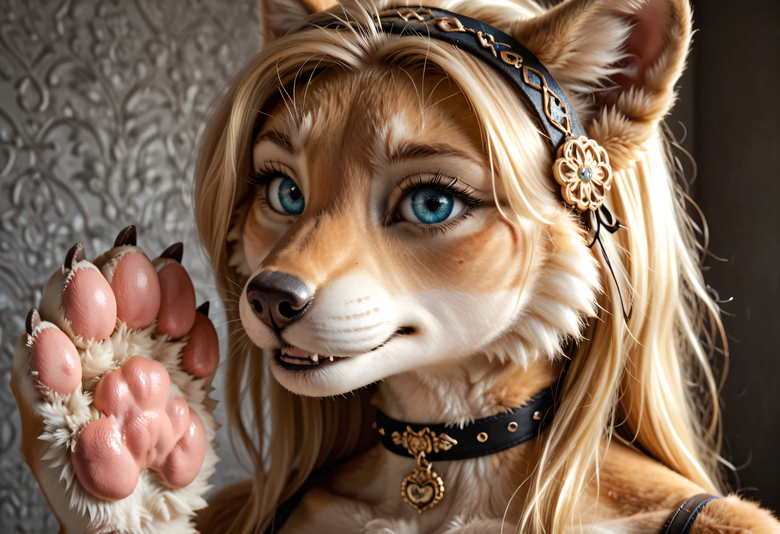 (8K, Best Quality, Masterpiece, Ultra High Definition: 1.2, Ultra Realism), amazingly beautiful ippan_josei, blonde_hair, blue_eyes, hair_accessory, accessory, hairband, Anthropomorphic, best quality, fur, pawpads, paw, claw, tail, detailed facial features, choker, beautiful black knee stockings, (detailed face, detailed fur skin), elaborate, meticulous, gorgeous, perfect pussy, maximum detail, extremely hyper-aesthetic, focused, 8k wallpaper, raw, hdr, Dim Lights,