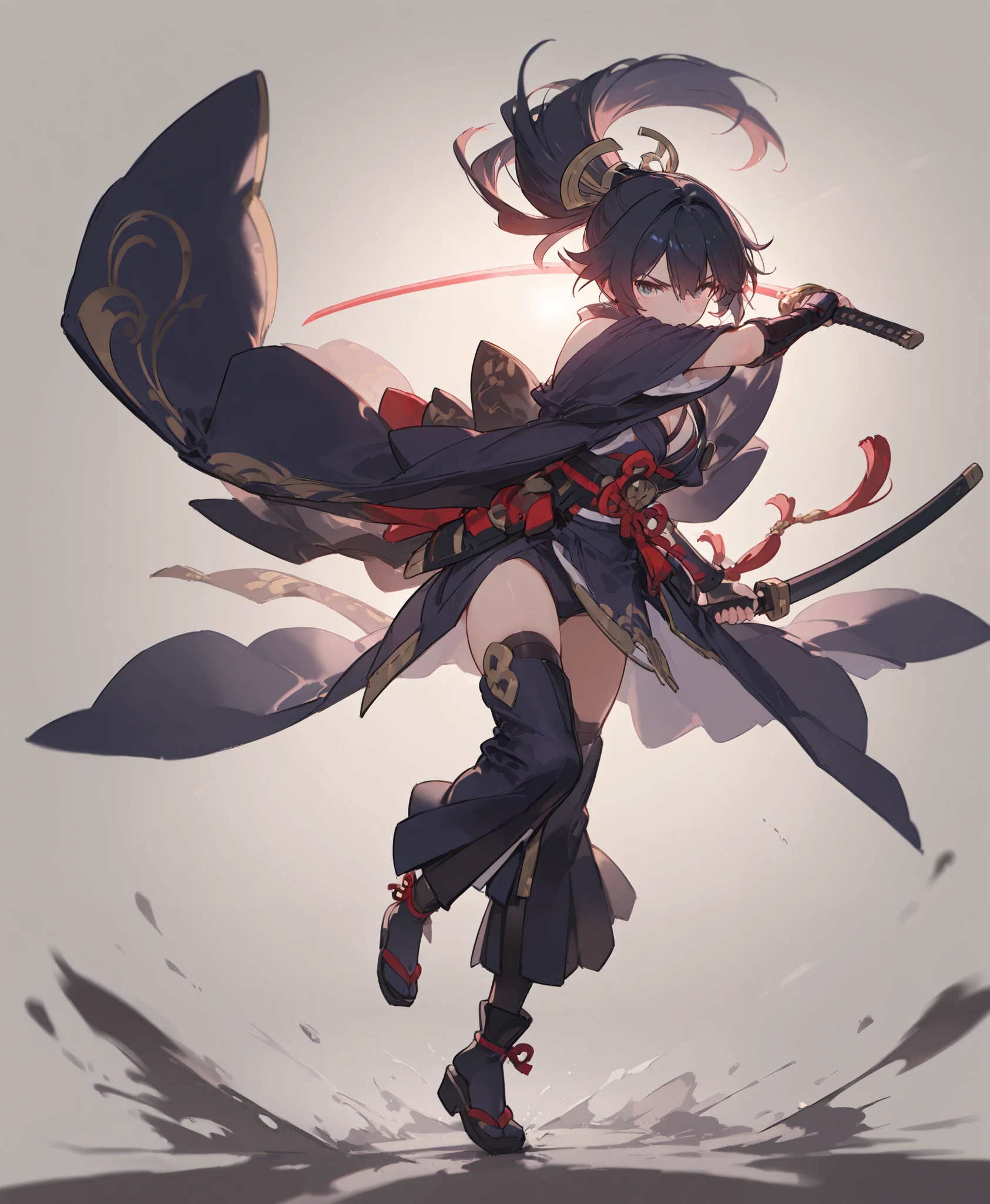 full body、 fight scene、high quality、Superb Details、simple background、Japanese clothing、Long sword