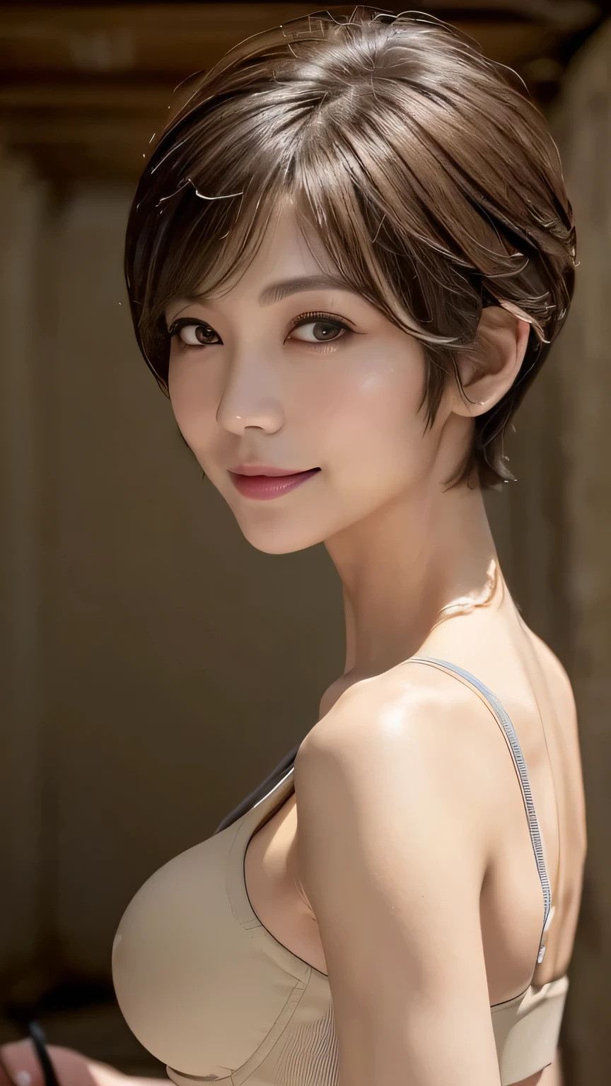very detailed, masterpiece , top quality , (( photorealistic:1.4)), ((skinny body:1.5、 long face:1.2))、(((simple beige sports bra、skinny fit)))、(Super slim body)、55 year old japanese elderly woman , detailed faces , Detailed Eyes 、((makeup、lipstick)) 、((My breasts are sagging、 huge cleavage))、((( light beige hair、pixie cut、Cecil Cut、 asymmetry、Messy Hair:1.2、super short hair:1.3、Volume Hair))), graceful and sophisticated 、goddess、((from waist to head with camera))、((and look at the camera、fresh smile))、((Professional Cool Lighting))、((Dark underground storehouse))、from the side