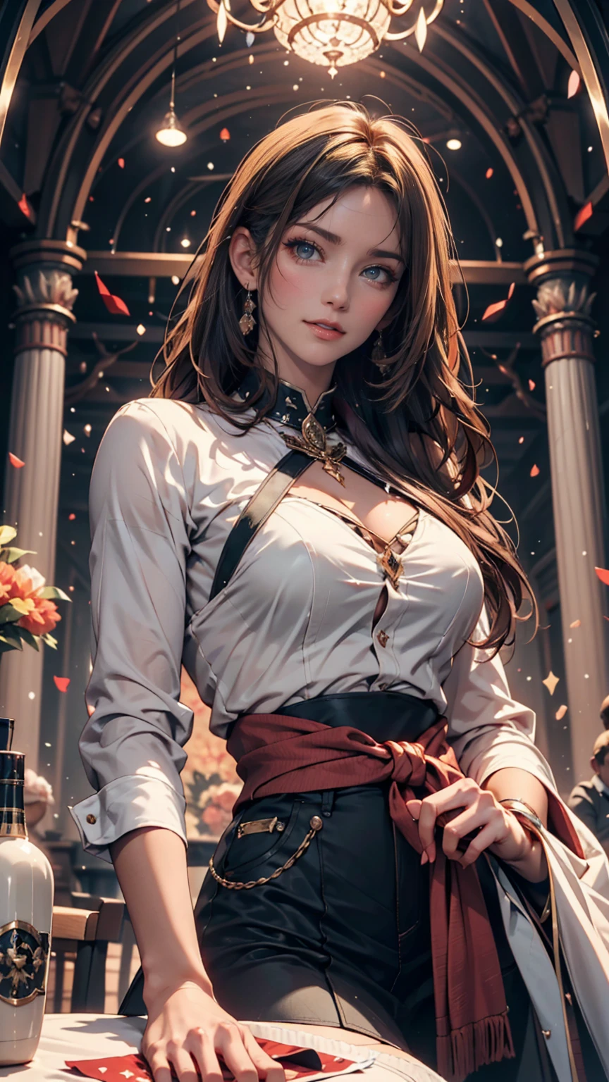 One girl, masterpiece, Very detailed, ((Cinema Lighting)), (Shine), ((Dramatic lighting)), ((Beautiful sparkle)), Intricate details, Lens flare, Multicolored Hair, Rainbow Hair, Long Hair, colorfulなドレス, butterflyの髪飾り, butterfly, (Particles of light), Put your arms behind your back, Large Breasts, [Curvy], Cowboy Shot, A light smile, Green Eyes, church, Stained glass, Spotlight, Dark Background, Floating Hair, Floating Hair, View your viewers,((colorful))