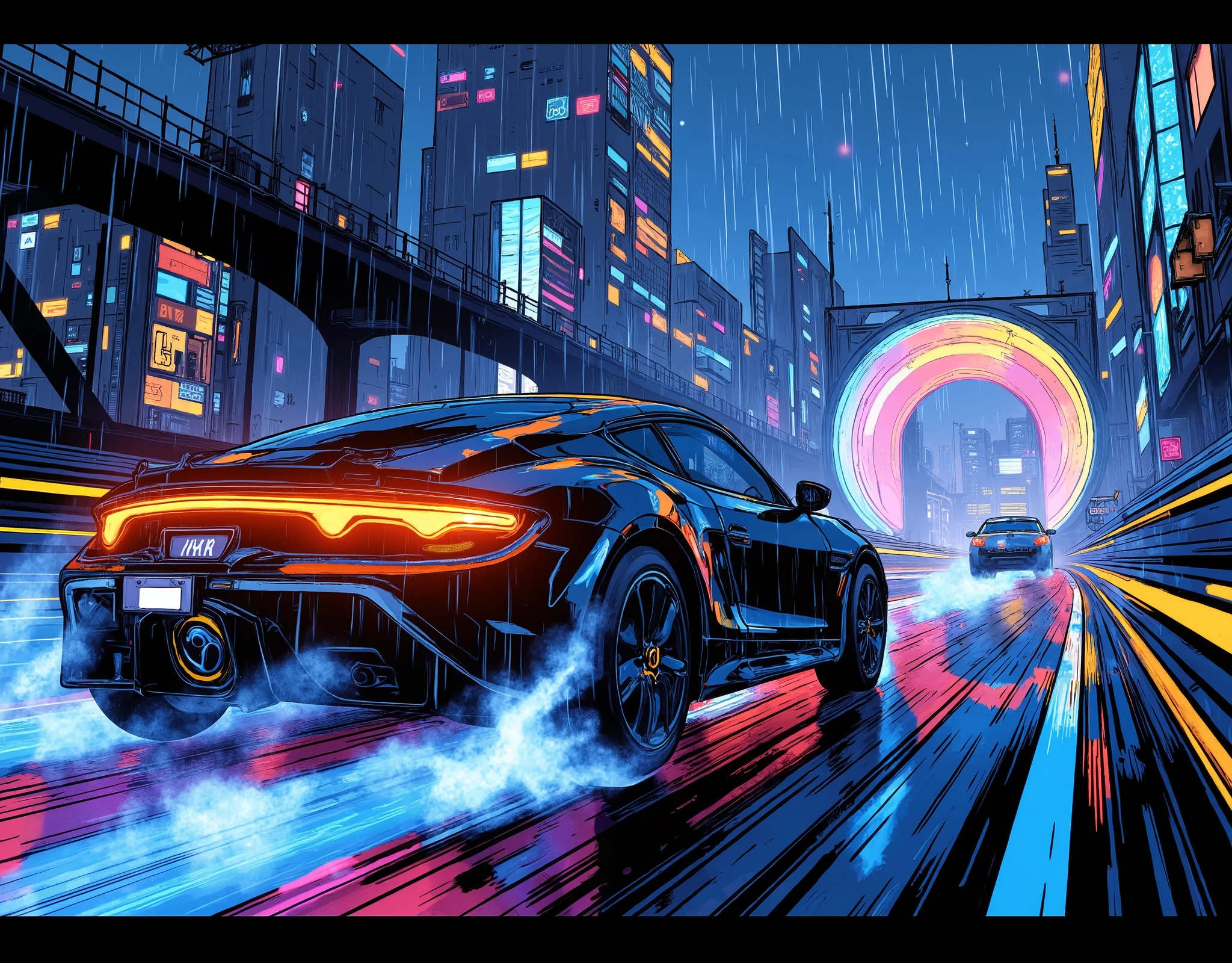 (masterpiece:1.2,top quality, ultra high definition ,very well detailed,best illustrations,Super Detail),8k,16k,wallpaper,(rainのnightのハイウェイレース),(ray tracing),(future:2.0),SF,Cyberpunk,(future的な車:2.0),(dynamic angle),(night),(rain),(lanes drawn with iridescent lights:2.0),(futureの高速道路:2.0),(rainbow color hologram tunnel:2.0),(motion blur),(dynamic angle:2.0),( Animated Artwork :2.0)