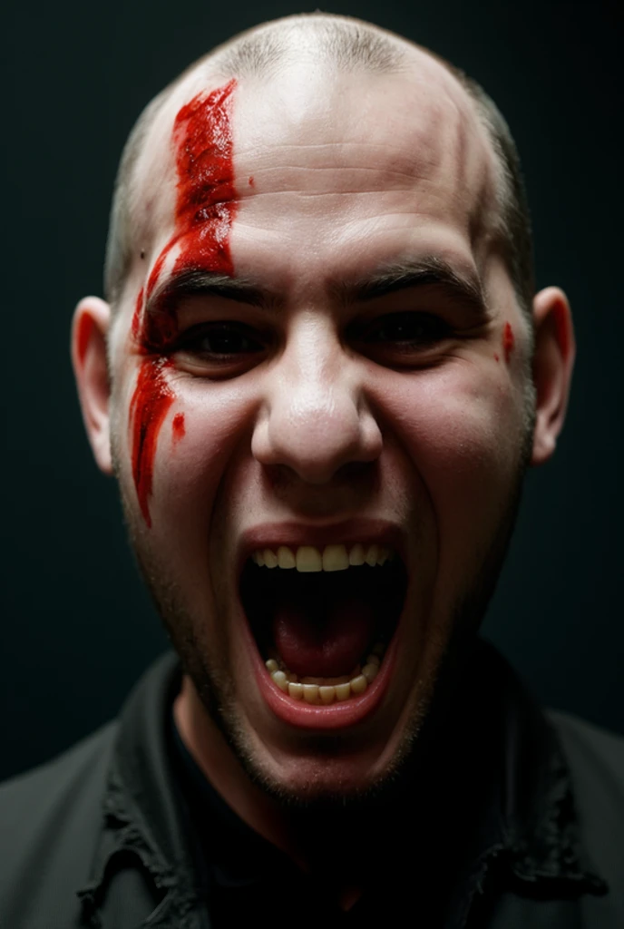 portraite of a, Image, Huge furious chef in chef's clothes, covered in blood, aggression, Screams, bared his teeth, wants to kill, portraite of a, Only the face in the frame, Chef's Hat