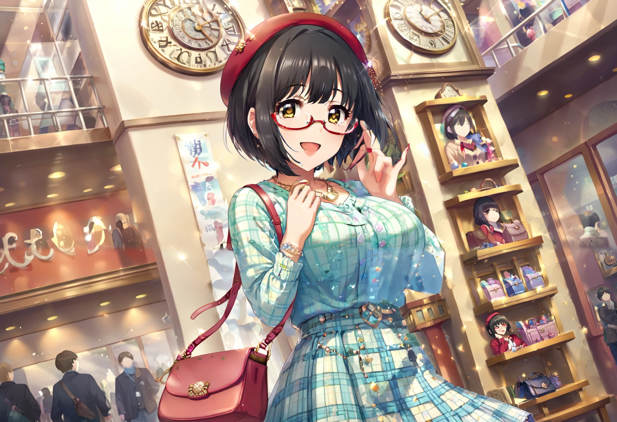 score_9, score_8_up, score_7_up, source_anime, Satoru Takato, black hair, yellow eyes, short hair, girl around her neck, Skirt, bag, smile, jewelry, Alone, necklaces, thigh plaid, open your mouth, clock, viewers, handbag,( Takafuji Kako), Red Eye Glasses, red beret,huge breasts,curvy