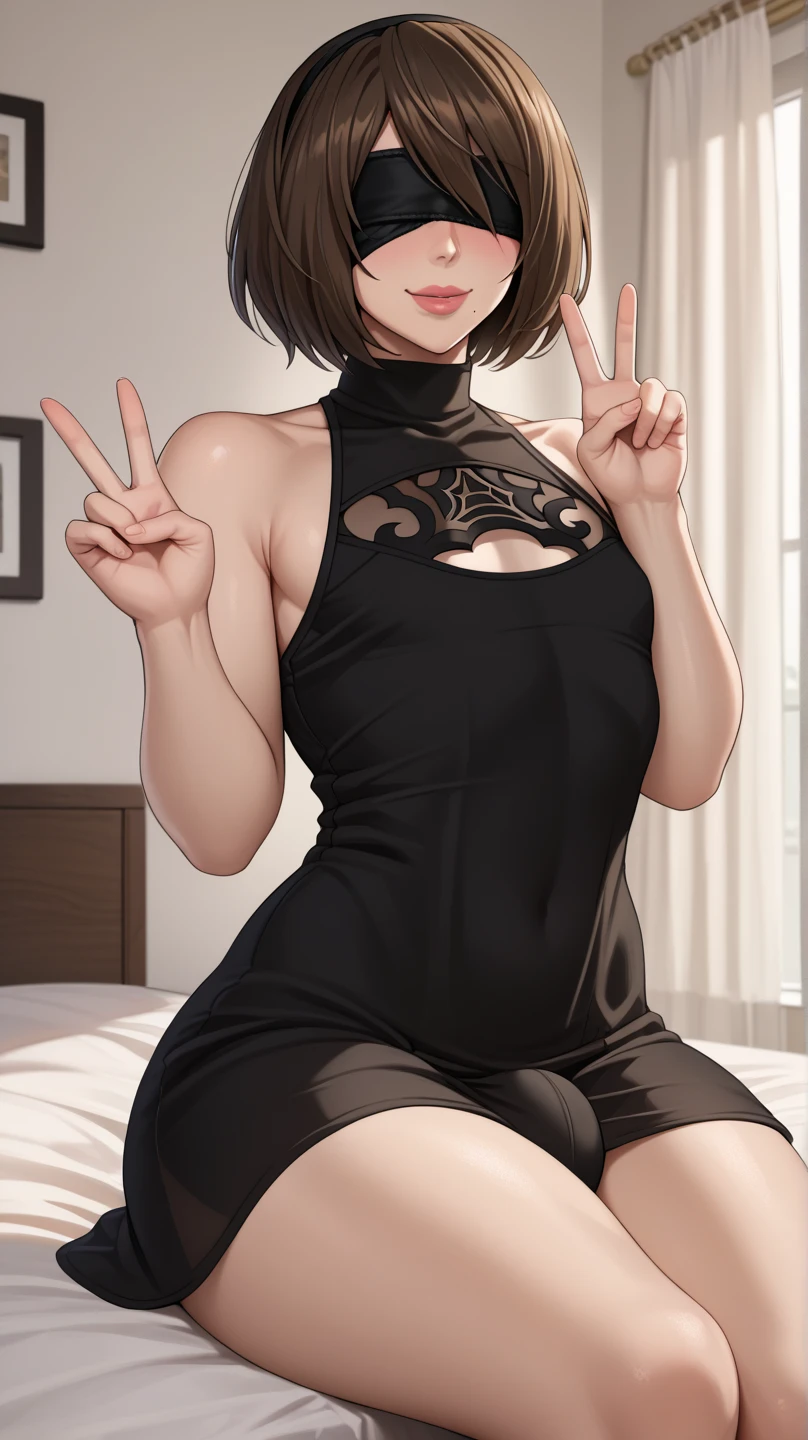 1boy, black hair, bowl cut, wide brown eyes, black turtle neck, thigh highs, smile, HD, masterpiece, bedroom, big thighs, slim upper body, smug, best quality, femboy