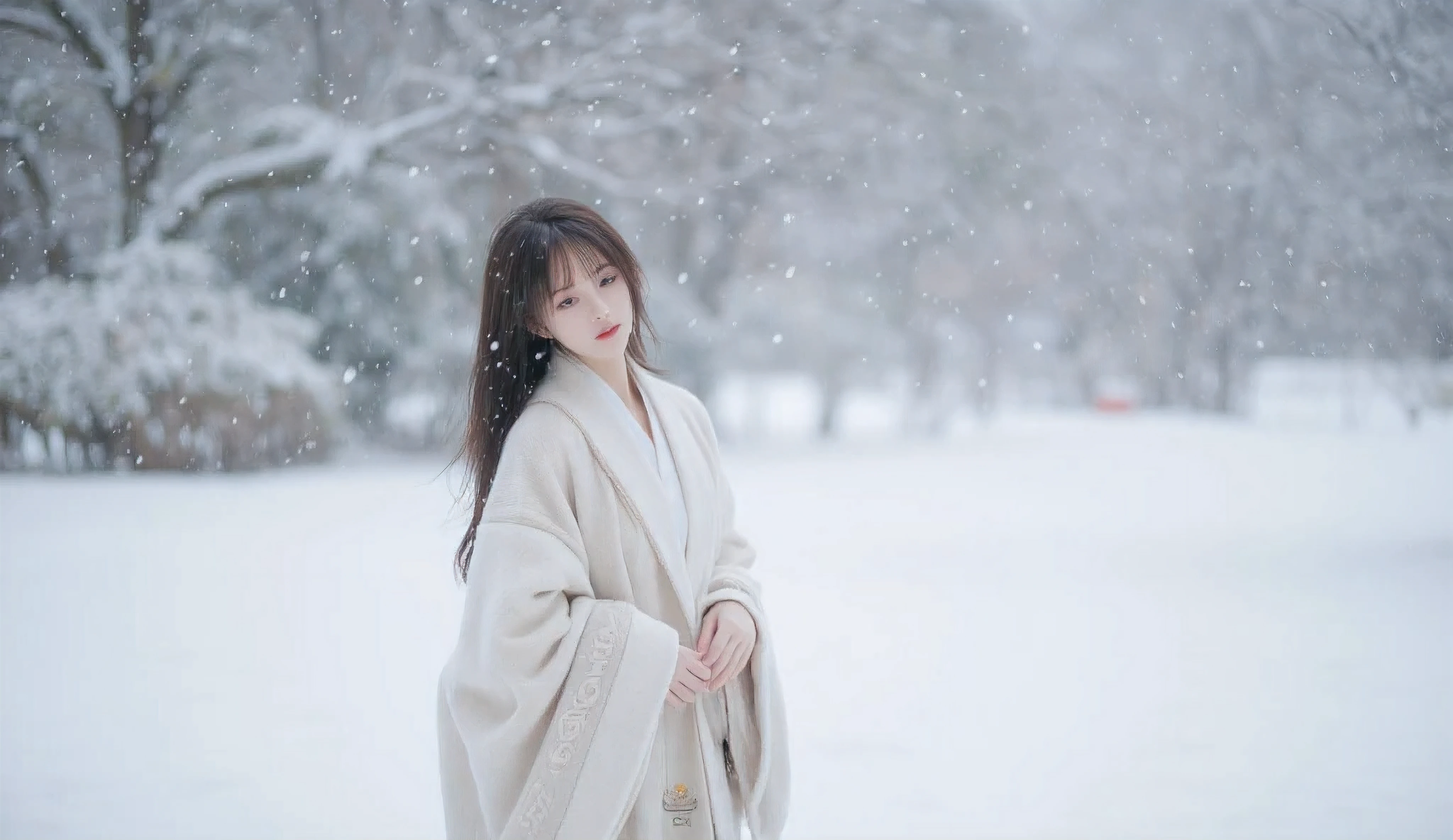 Japanese woman wearing a coat in the snow