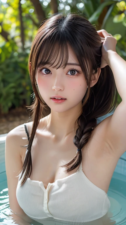 ((top-quality、8K、masterpiece:1.3))、1girl in、Beautiful woman emphasizing slender abs:1.3、(dark brown hair、poneyTail、Colossal tits:1.2)、wetbody:1.2、swimming pools、Super Detail Face、Detail Eye、二重まぶた、Sareme、