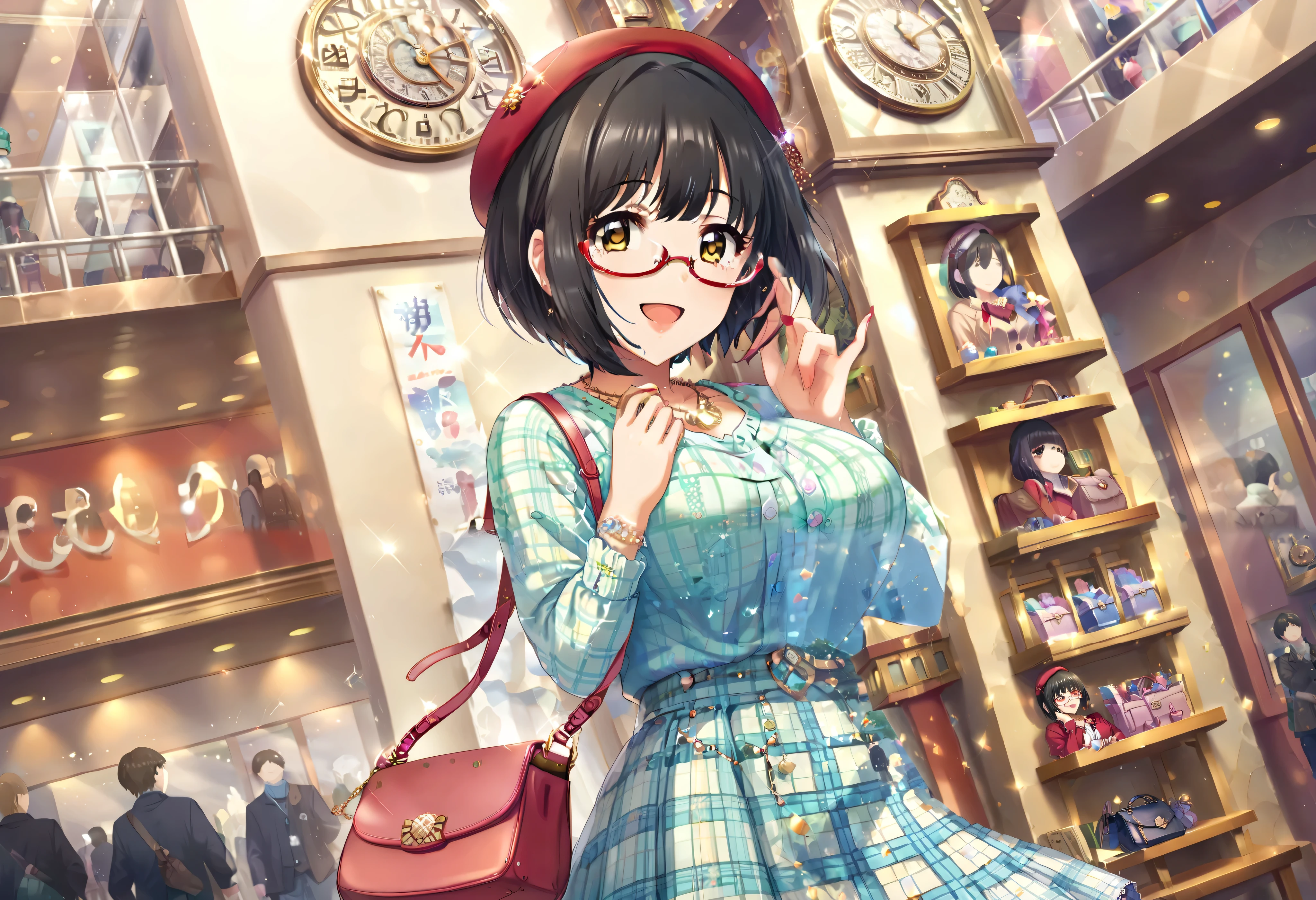 score_9, score_8_up, score_7_up, source_anime, Satoru Takato, black hair, yellow eyes, short hair, girl around her neck, Skirt, bag, smile, jewelry, Alone, necklaces, thigh plaid, open your mouth, clock, viewers, handbag,( Takafuji Kako), Red Eye Glasses, red beret,huge breasts,curvy