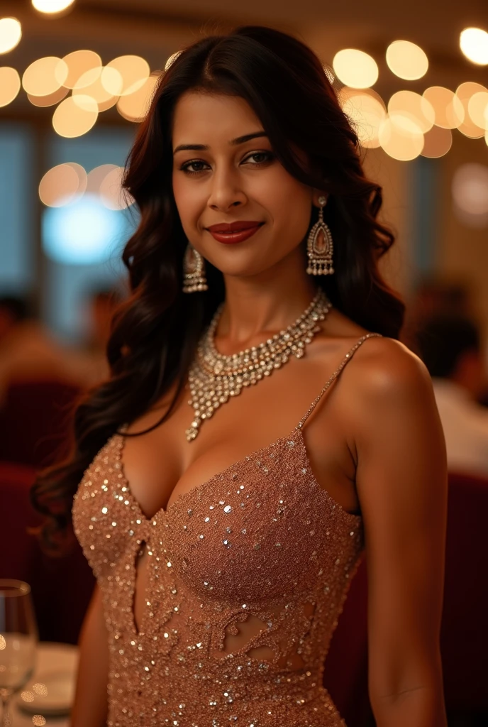 Lebanese lady, diamond dangling earrings, necklace, bracelets, small breasts, yellow satin dress, sad, hot, blush, side swept hair style, cleavages, radiant skin, 40 years old, innocent face, smokey eyes