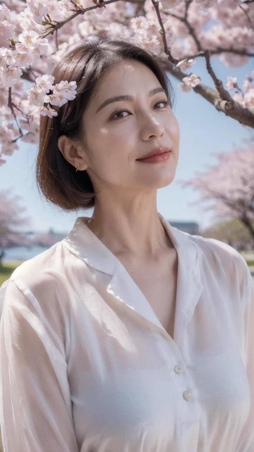 ((highest quality)), ((8K)), ((masterpiece: 1.3)), (perfect appearance), (photorealism: 1.6), (KIK), (Mature woman looking up at the cherry blossom tree), perfect anatomy, ((Age 65)), (I'm looking up at the cherry blossoms blooming on the trees), ((white blouse)), ((lipstick, eyeshadow, eyeliner)), ((gentle smile)), (Upper body of a mature woman), (River edge lined with cherry blossom trees),