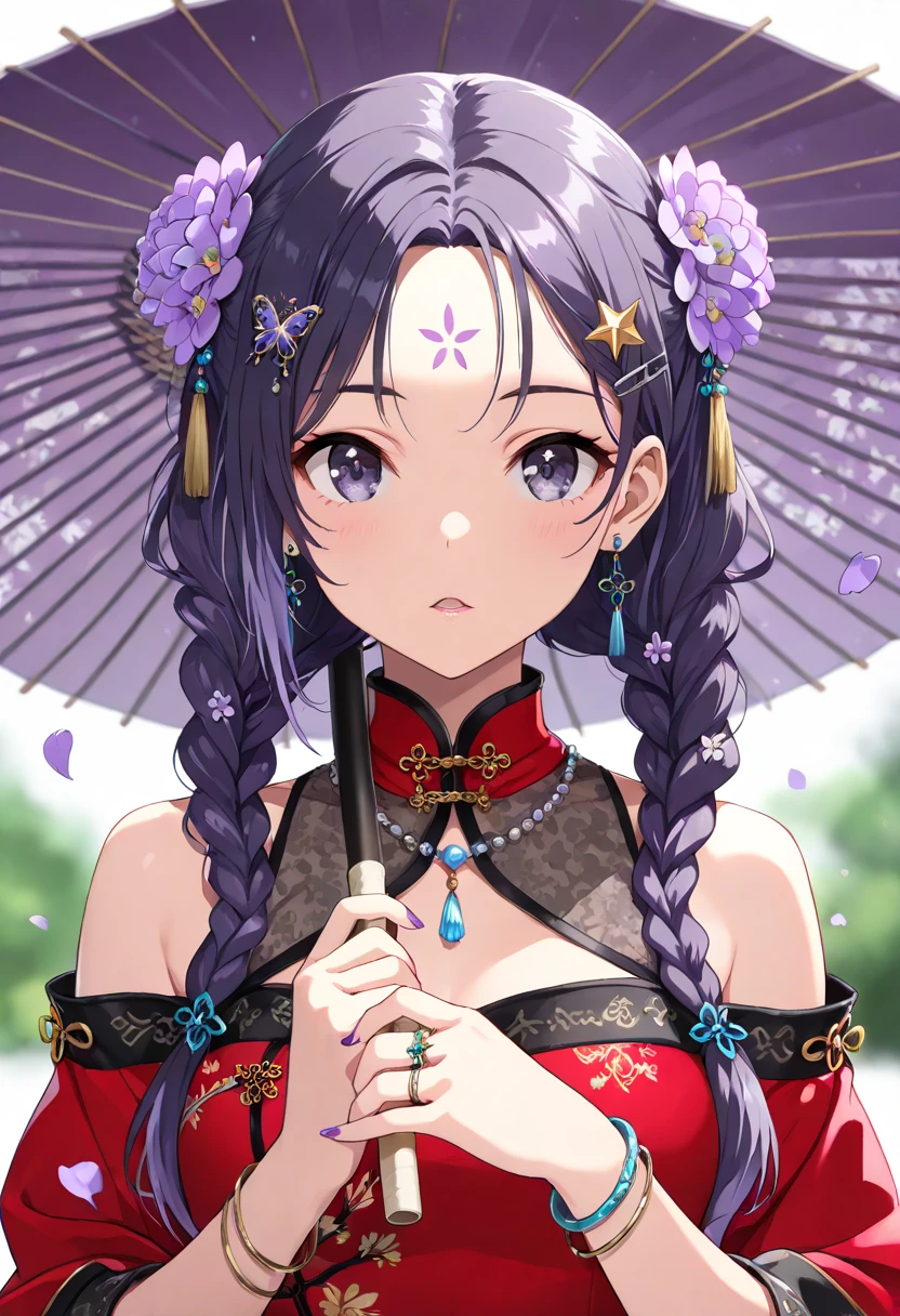 Frame the illustration as a playing card, Astonishing, (Masterpiece, Top Quality, 8K), Exquisite Detail, Ultra-detailed, One beautiful Japanese woman, (Gorgeous Kimono: 1.2), (Holding a folding fan: 1.2), Hiding her face, (Seductive pose: 1.2), (Gorgeous hair ornament: 1.2), (Lots of hydrangeas: 1.2), (Beautiful makeup: 1.2), (From above, looking up: 1.3), Snow-white skin, Ultra-realistic, Perfect anatomy,