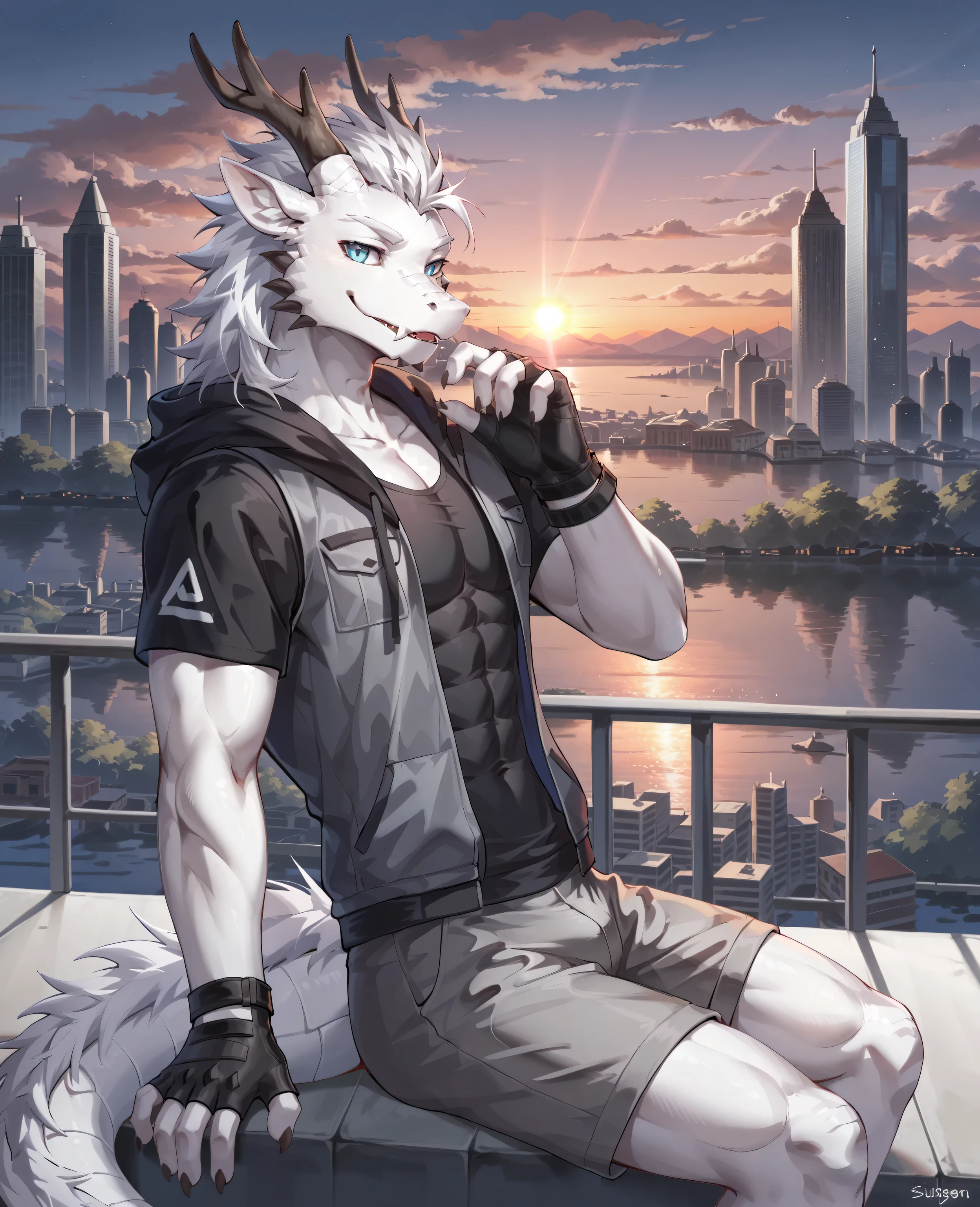 sfw,masterpiece,UHD,solo:1.2,highres,best quality,anatomically correct,furry male,male_focus,(eastern_dragon),collarbone,(white scales:1.5,),black dragon horn,antler:0.6,white hair,short hair,cocked eyebrow,snout,(detailed eyes,blue eyes,detailed pupils,beautiful eyes),snout,animal ears,dragon ears,absurdres,shapely,handsome,dragon tail,cowboy_shot,(slender muscle:0.5),(causal wear,open black hoodie,short_sleeves,grey vest,fingerless gloves,grey shorts,sneaker,),(5 fingers:1.1),(skinny:0.45),(peaceful face,seductive smile),cool pose,sitting on roof,leaning back,(in city,buildings,skyline,sunset glow,lake and park),ray tracing,shadow,looking_at_viewer,from_side:1.3,(dim light, shadow:1.2),bokeh,detailed background,Tyndall effect,(city scenery),((beautiful detailed background)),break,(wolftapioca:0.3,chung0u0,(by zwm:0.6),(lindong:0.8),(by null-ghost:0.8),huashijw,(asteroid_ill:0.8),(smile \(qd4nsvik\):0.9),konya karasue)),cg,highres,sfw
