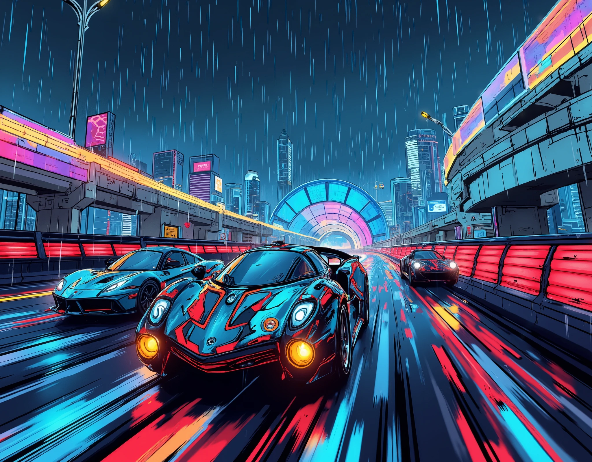 (masterpiece:1.2,top quality, ultra high definition ,very well detailed,best illustrations,Super Detail),8k,16k,wallpaper,(rainのnightのハイウェイレース),(ray tracing),(future:2.0),SF,Cyberpunk,(future的な車:2.0),(dynamic angle),(night),(rain),(lanes drawn with iridescent lights:2.0),(futureの高速道路:2.0),(rainbow color hologram tunnel:2.0),(motion blur),(dynamic angle:2.0),( Animated Artwork :2.0)