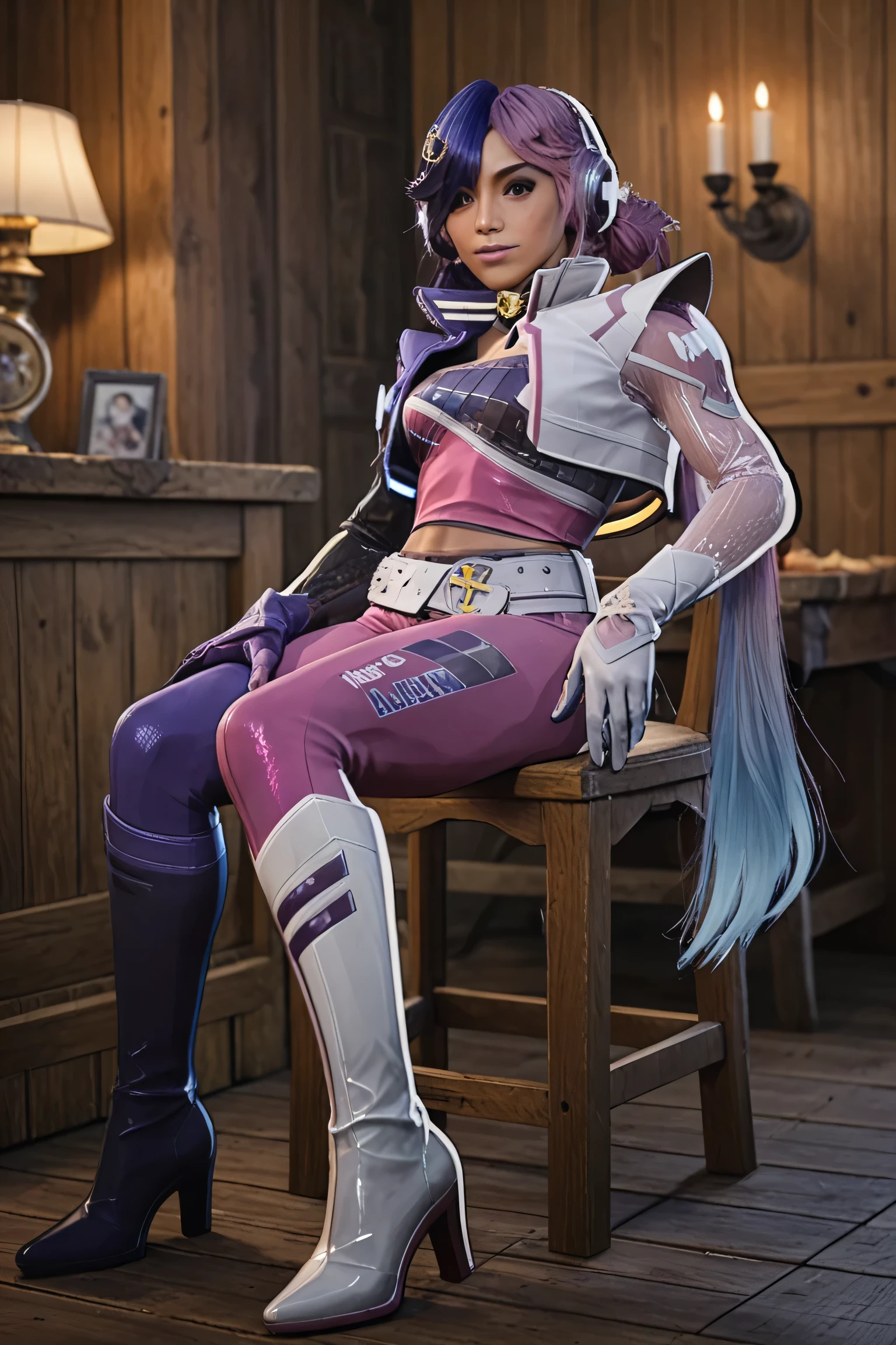 (Masterpiece), (expressive eyes), 1girl,, medium shot, cleavage, large breast, log cabin, chair, sitting down, full body, fca_style.,lun4m2099, 1girl, solo, gloves, purple hair, multicolored hair, belt, jacket, pink hair, long hair, headphones, blue hair, makeup, hair over one eye, pants, boots,  bodysuit, lipstick, very long hair, purple lips, eyeshadow, cropped jacket, navel, twintails, high heels, two-tone hair, hair ornament, gradient hair, purple jacket,

purple boots, white boots,




, score_9, score_8_up, score_7_up, source_anime, ,