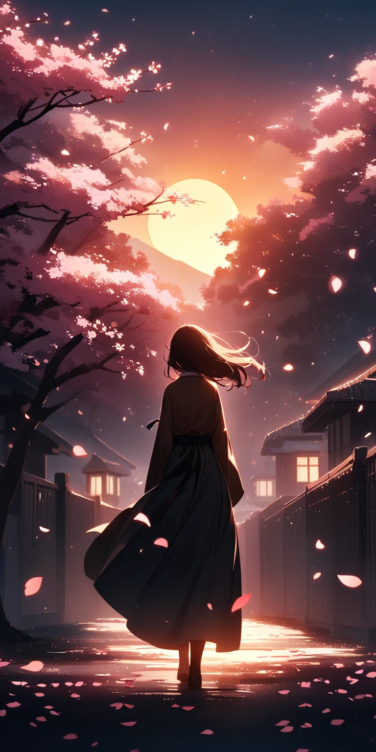 Linemoto cherry blossoms (night), (highly detailed CG unified wallpaper 8k) (highest quality), (best illustrations), bright colors (best shades), jungle, water, natural beauty, oasis of tranquility, cherry blossoms, super detail, antique porcelain, jade, castle, starry sky, , girl looks up at the night sky, ray tracing, masterpiece, top quality, super quality, absurd details, best light, best shadow, sharp, sharp images, details, Very detailed, high resolution, 8k, 4k, UHD, volumetric, bright sprite, (particle effects), (nighttime) --v6