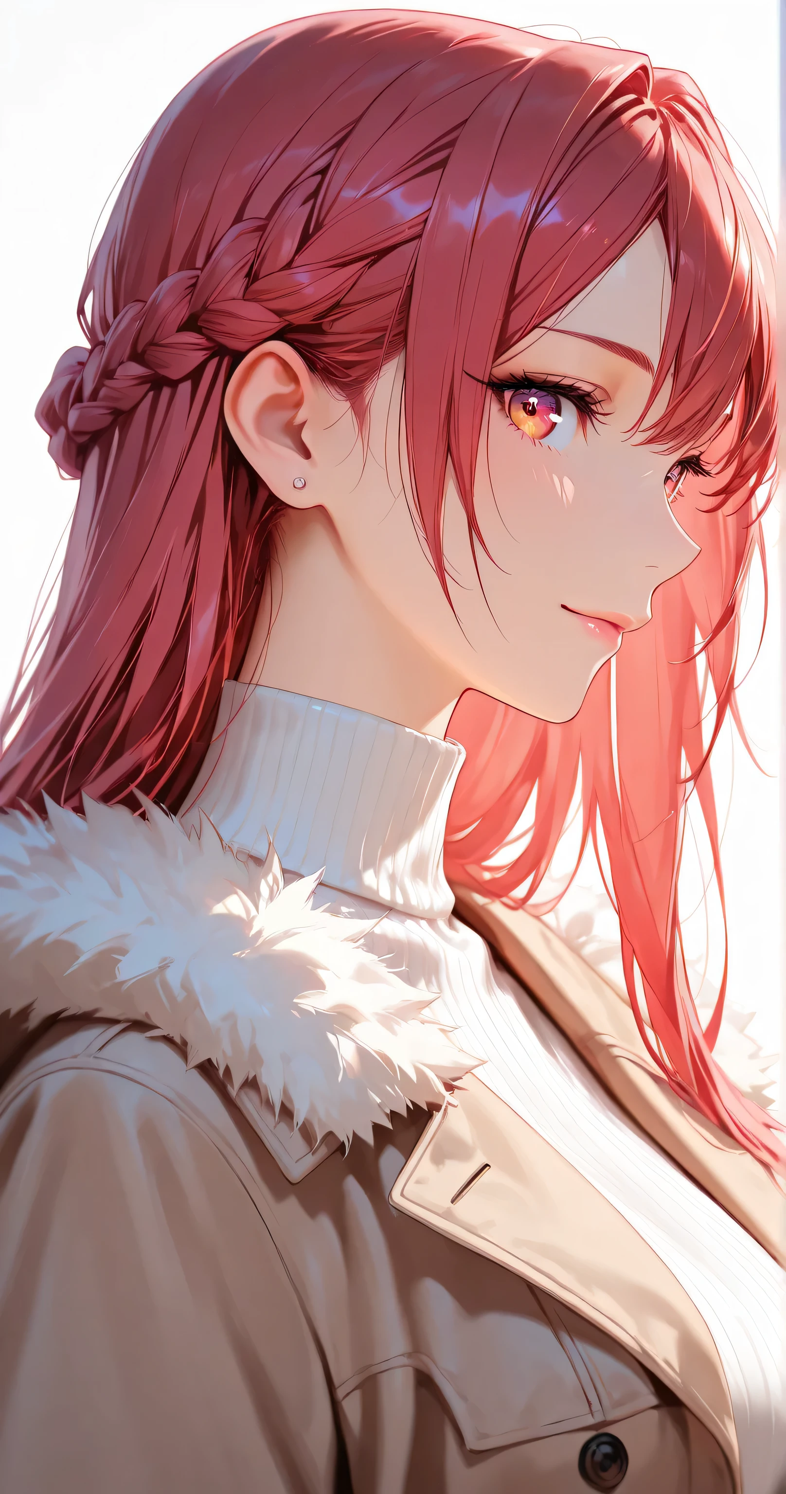 She is cute,
sharp focus (1.3), clear lines, crisp edges, crisp outlines, rich harmonized colors,
sharp focus on eyes and facial details, stunning clarity, sharp focus (1.5),
Well-defined facial features,
red long hair in a French braid, no white strands, styled in a French braid,
delicate strands, silky smooth,
Beautiful almond-shaped eyes with detailed irises, gentle shading, exquisite eyelashes, Eyes with a sharp, confident look,
slender figure, fair flawless skin, soft pink lips,
calm and composed gaze, stunning clarity,
Sweater, brown jacket, turtleneck, fur-trimmed jacket, casual outfit, simple stud earrings,
white background, soft ambient lighting.
1girl, solo, no additional characters,
Masterpiece, best quality, ultra-detailed, 8k resolution,
light smile,
face shot, front view, looking at viewer, profile,
highly detailed face, refined body, flawless skin, no tattoos or symbols on face.