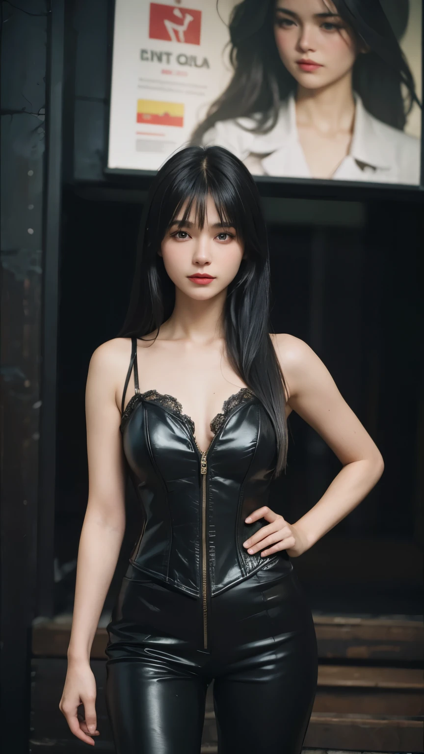 13 year old teenage girl with pale skin and long hair, Straight black hair. big, dark eyes , With an intense and enigmatic look. Wear Orphan movie clothing styles, With a more elegant and sophisticated touch, Matching her mysterious and intense personality. Overall, Her appearance will be impressive, Attract curious and intriguing looks. flat-chest, Cinematic lighting, chromatic abberation, Backlighting, masutepiece, high details, High quality, 4K.