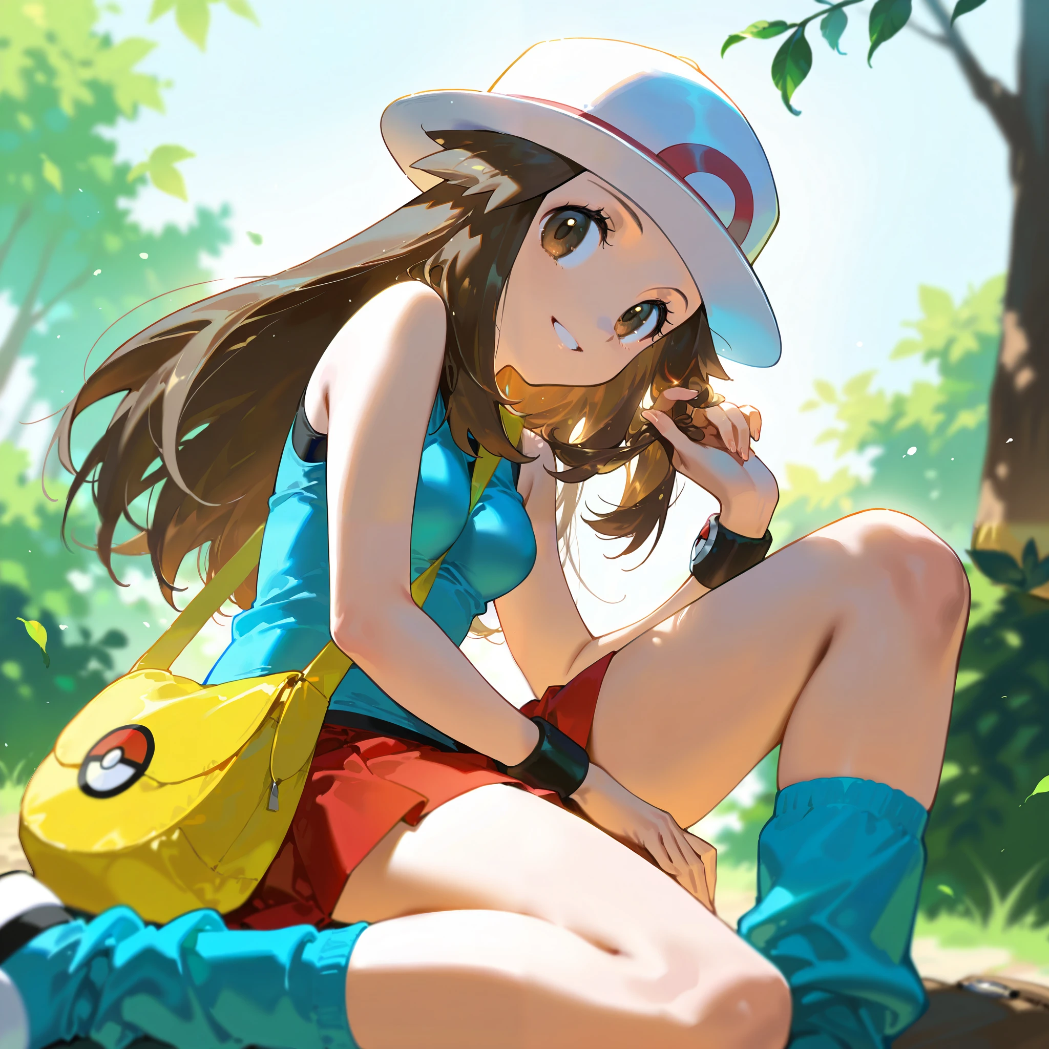 (best quality, highres, masterpiece:1.2), ultra-detailed, realistic:1.37, sketches, hilda pokemon, def1, teenage girl, sitting on her knees, curvy, visible thighs, chubby thighs, thick thighs, thighs in the foreground, body shape, mexican town, sentada en un sillon negro de cuero, junto a ella estar un hombre tocando su cuerpo, curious look, pokeballs, smile, encanto femenino, downblouse