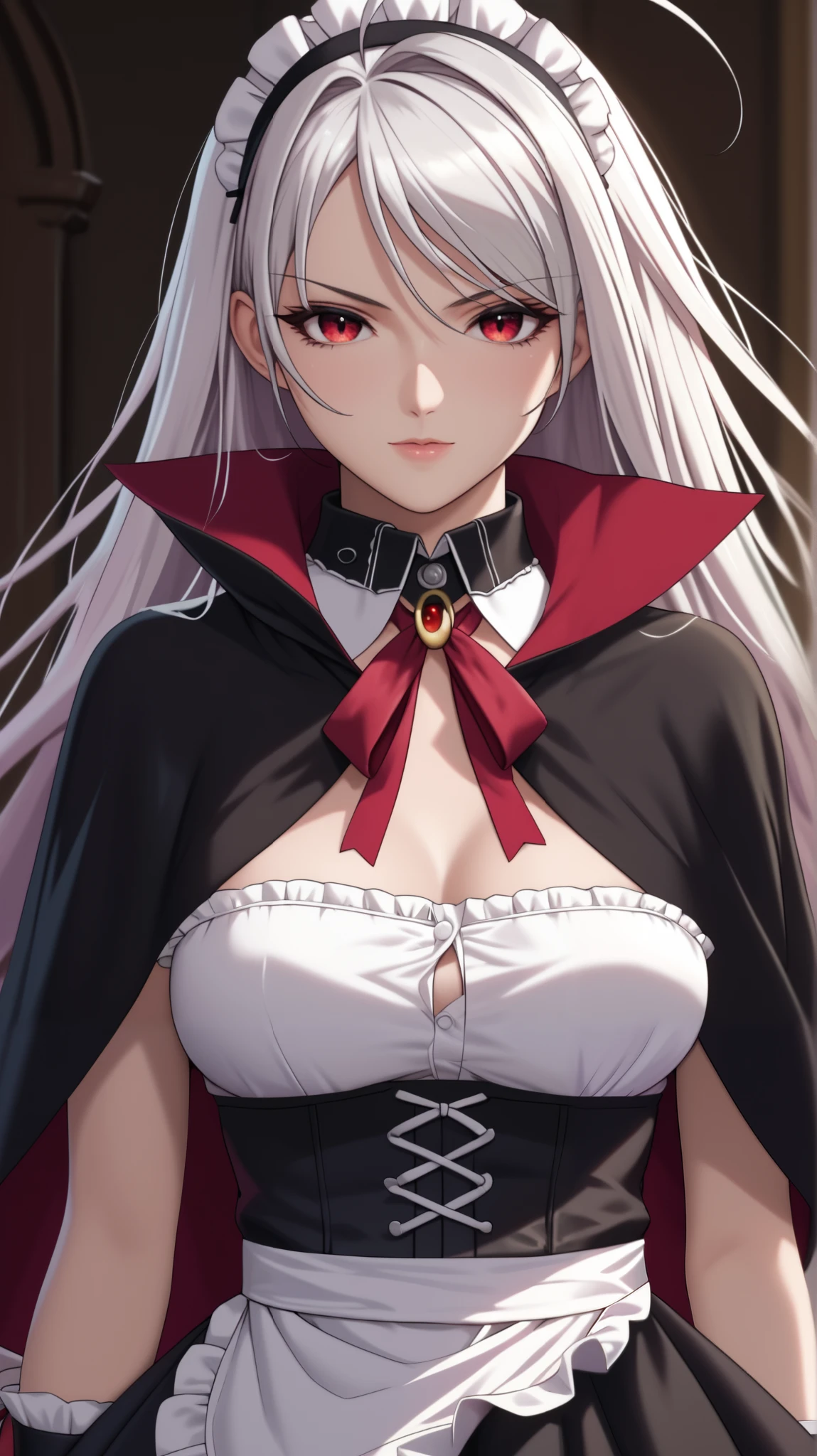 vampire moka akashiya, long hair, red eyes, ahoge, white hair, large breasts, (black shrug, capelet:1.2), tube top, short sleeve, detached sleeve, button gap, small breast, black lace-up corset, black circular skirt, thighhigh stockings, maid headdress, ribbon tie, black maid cuffs, maid apron