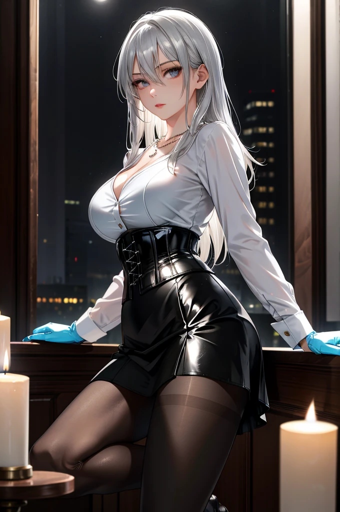 sweet expression, lying down, white glasses, short white hair, (8k, original photo, lifelike:1.25) ,( lip gloss, eyelash, Shiny face, shiny skin, best quality, ultra high resolution , depth of field, Color difference, Caustics, wide light, natural shadow, kpop idol) Look at the audience with calm and goddess-like happiness, whole body, big breasts, white underwear, black, see through shirt, White shirt, secretary
