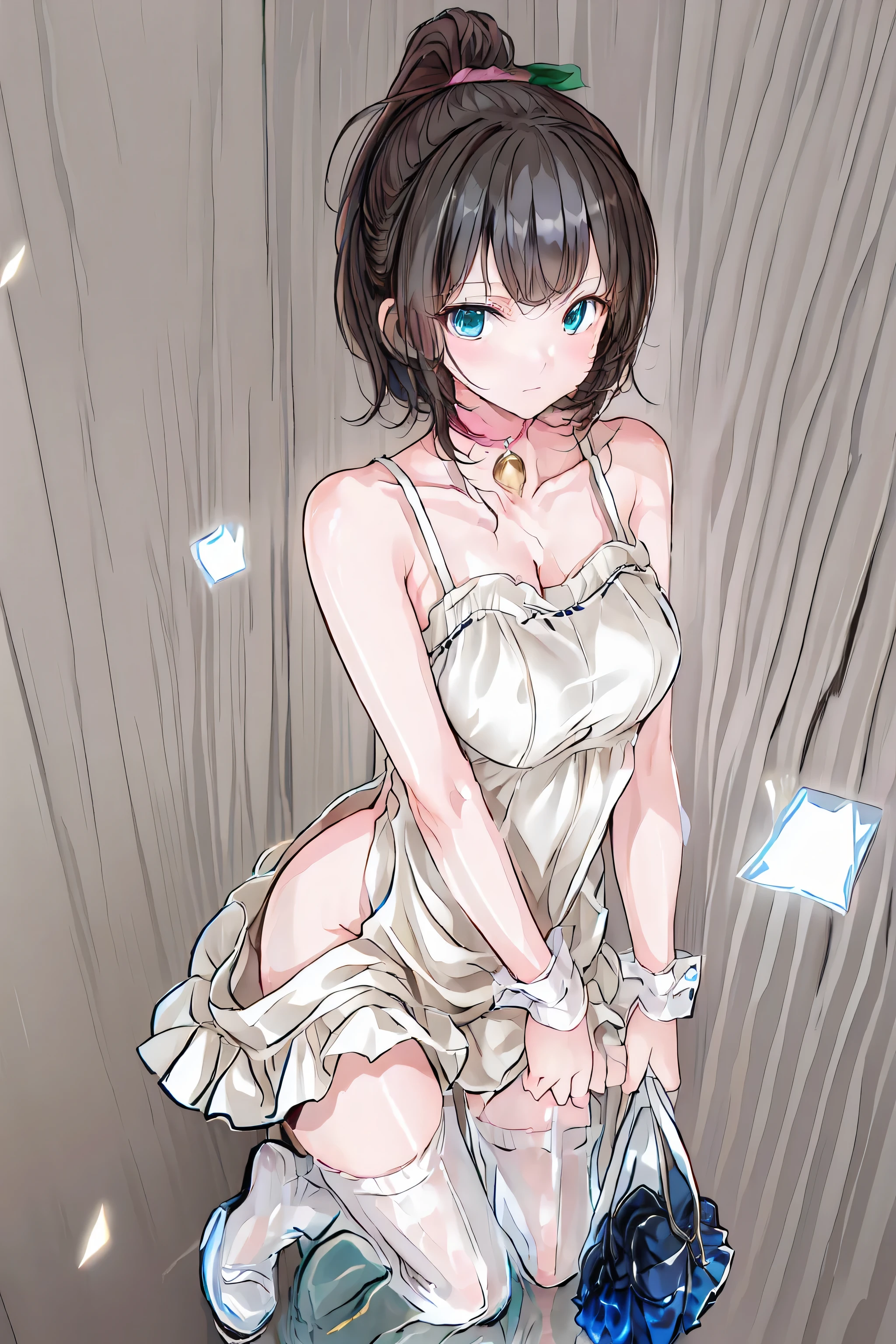 (top quality)、(top quality)、cute、(choker).Emerald eyes、(ponytail)、(black hair)、(backless dress).(navy blue lace dress).