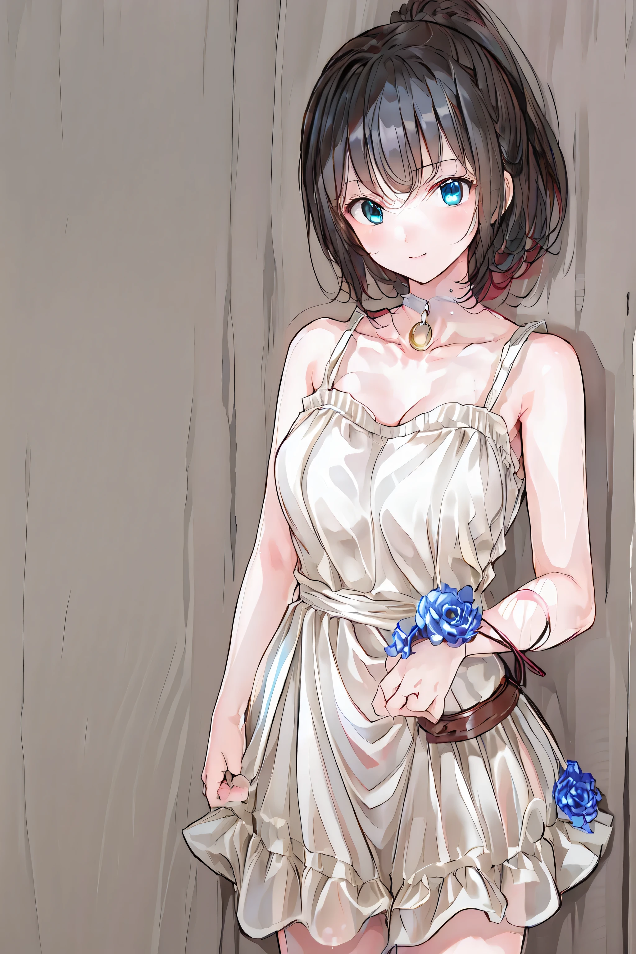(top quality)、(top quality)、cute、(choker).Emerald eyes、(ponytail)、(black hair)、(backless dress).(navy blue lace dress).