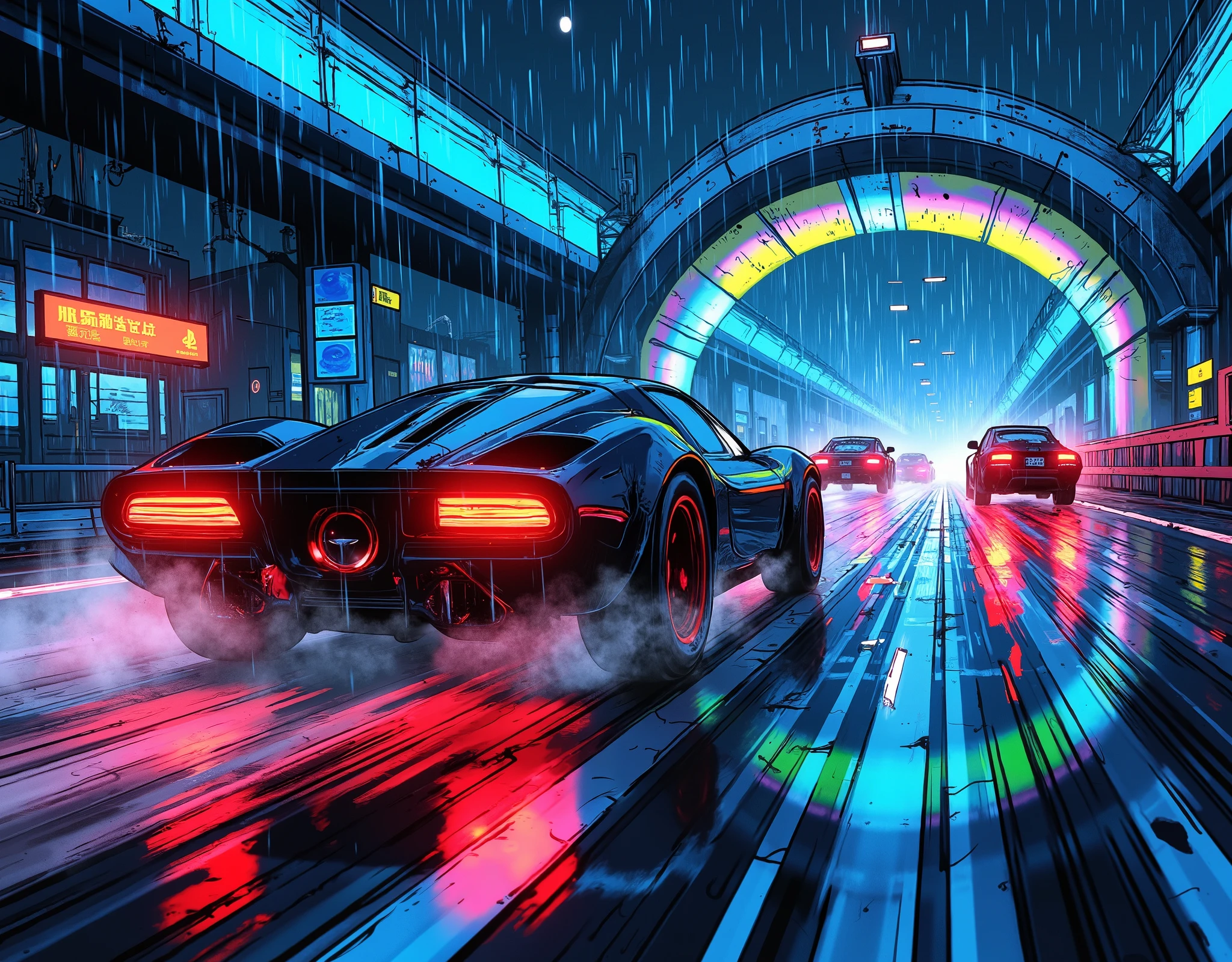 (masterpiece:1.2,top quality, ultra high definition ,very well detailed,best illustrations,Super Detail),8k,16k,wallpaper,(rainのnightのハイウェイレース),(ray tracing),(future:2.0),SF,Cyberpunk,(future的な車:2.0),(dynamic angle),(night),(rain),(lanes drawn with iridescent lights:2.0),(futureの高速道路:2.0),(rainbow color hologram tunnel:2.0),(motion blur),(dynamic angle:2.0),( Animated Artwork :2.0)