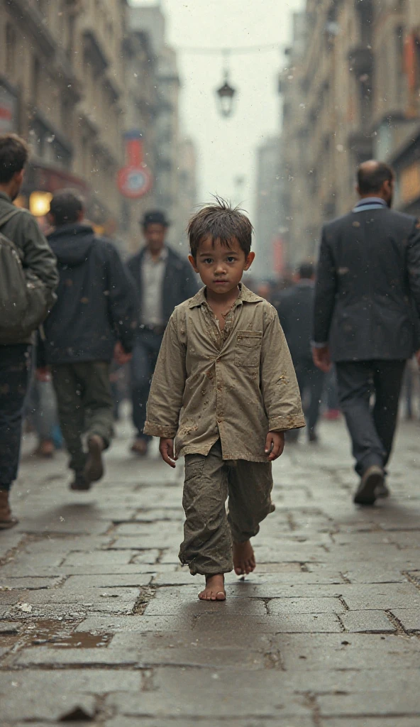 Un homme vêtu en veste qui tiens la main d’un enfant triste et le regarde dans les yeux