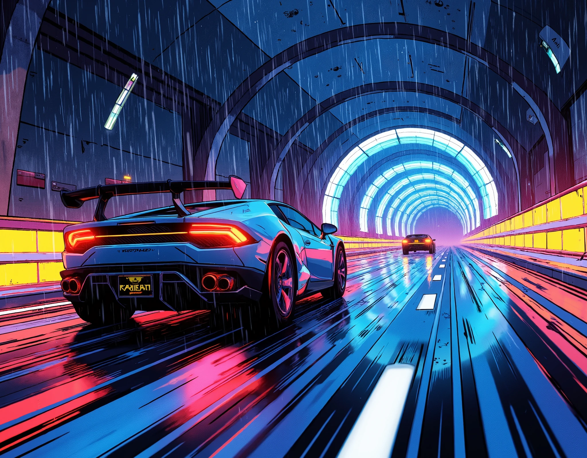 (masterpiece:1.2,top quality, ultra high definition ,very well detailed,best illustrations,Super Detail),8k,16k,wallpaper,(rainのnightのハイウェイレース),(ray tracing),(future:2.0),SF,Cyberpunk,(future的な車:2.0),(dynamic angle),(night),(rain),(lanes drawn with iridescent lights:2.0),(futureの高速道路:2.0),(rainbow color hologram tunnel:2.0),(motion blur),(dynamic angle:2.0),( Animated Artwork :2.0)